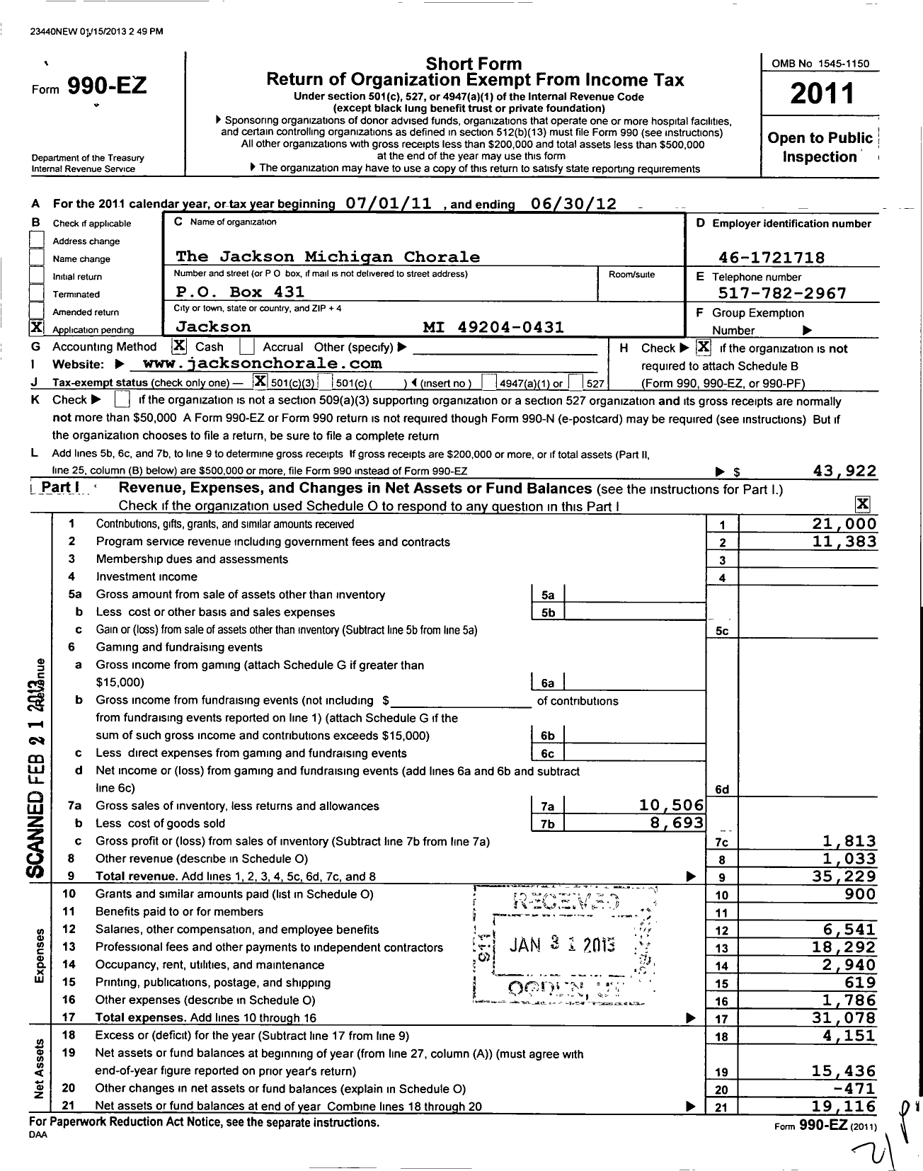 Image of first page of 2011 Form 990EZ for The Jackson Michigan Chorale