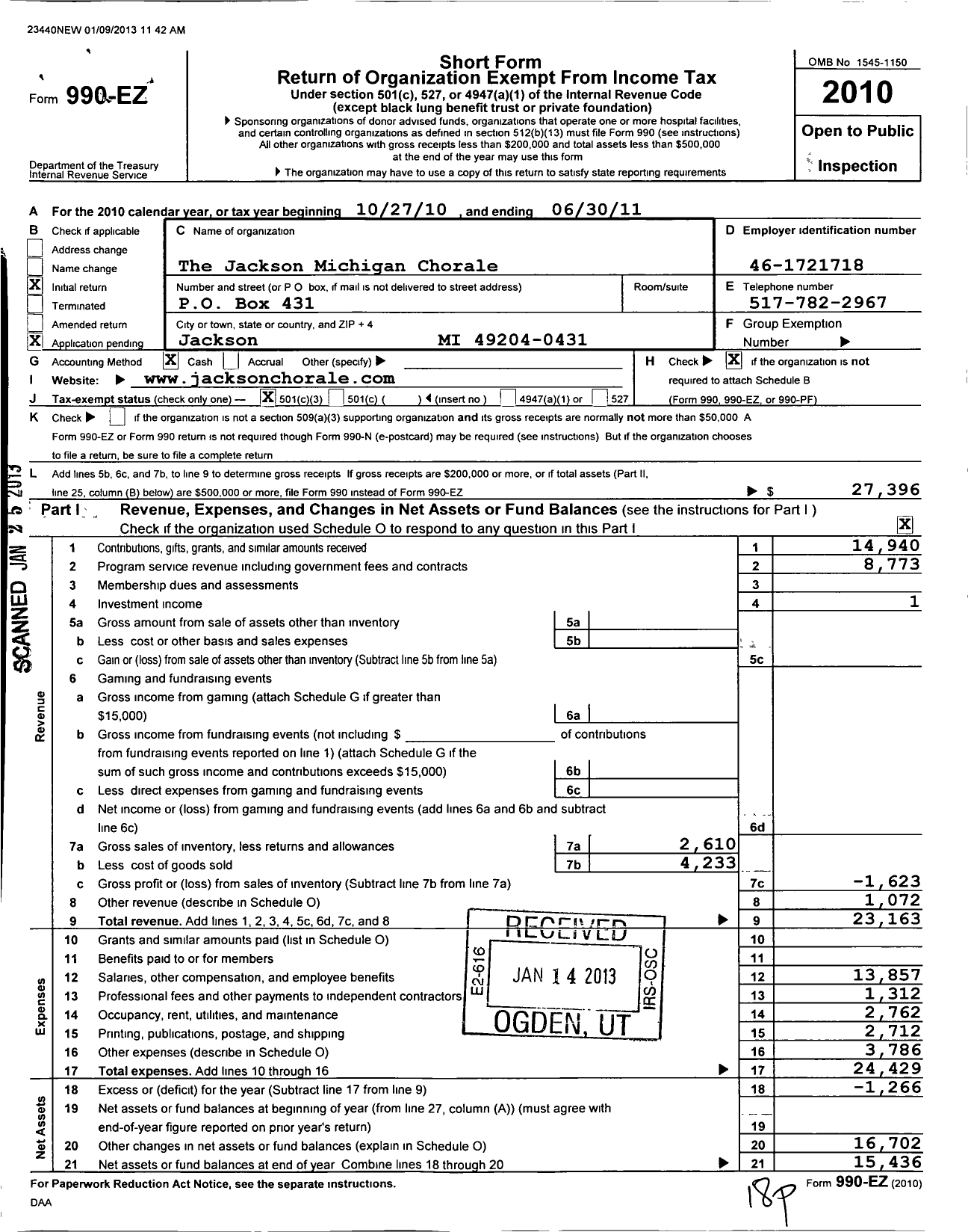 Image of first page of 2010 Form 990EZ for The Jackson Michigan Chorale