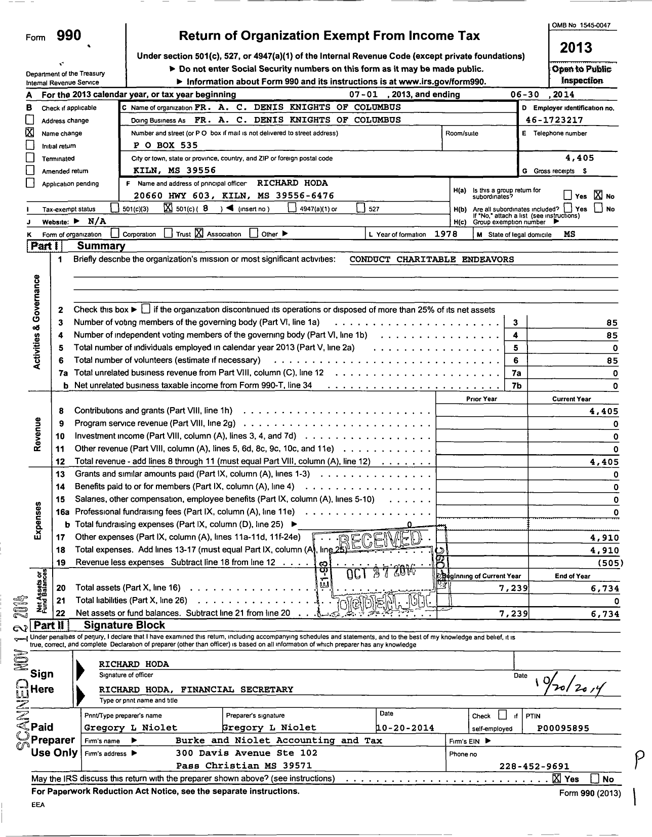 Image of first page of 2013 Form 990O for Knights of Columbus - 7087 Father Alexander C Denis Counc