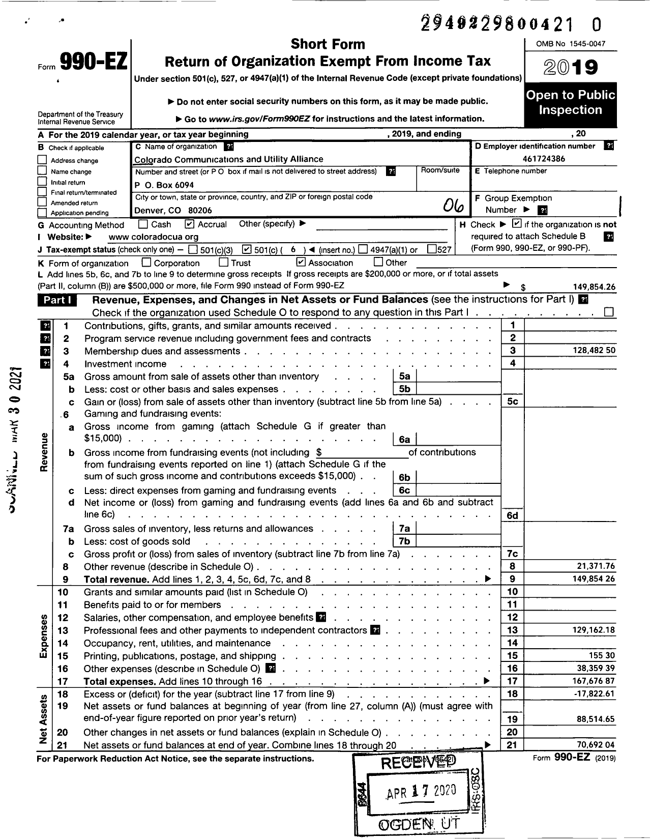 Image of first page of 2019 Form 990EO for Colorado Communications and Utility Alliance