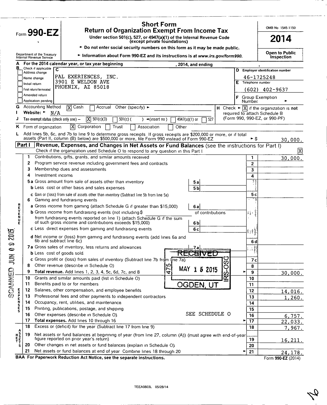 Image of first page of 2014 Form 990EZ for PAL Experiences