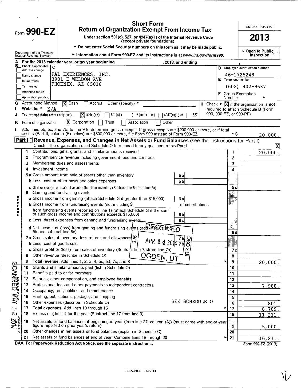 Image of first page of 2013 Form 990EZ for PAL Experiences