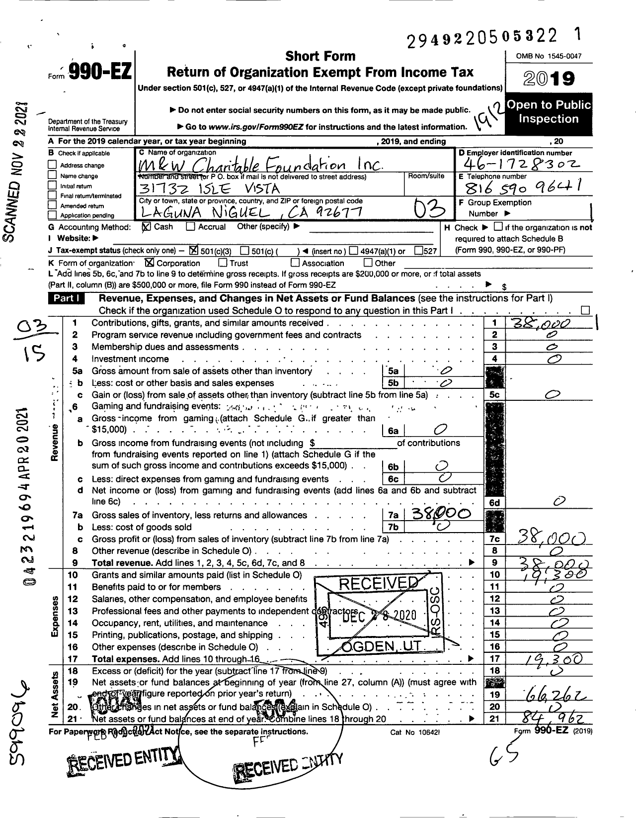 Image of first page of 2019 Form 990EZ for M and W Charitable Foundation