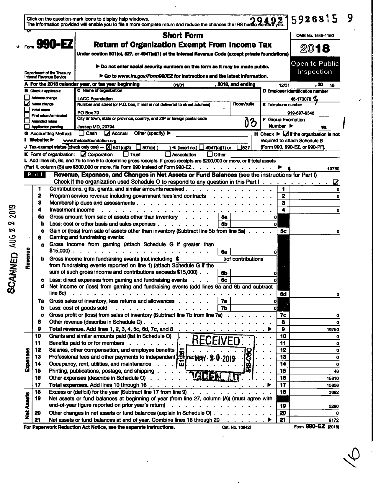 Image of first page of 2018 Form 990EZ for Lacc Foundation