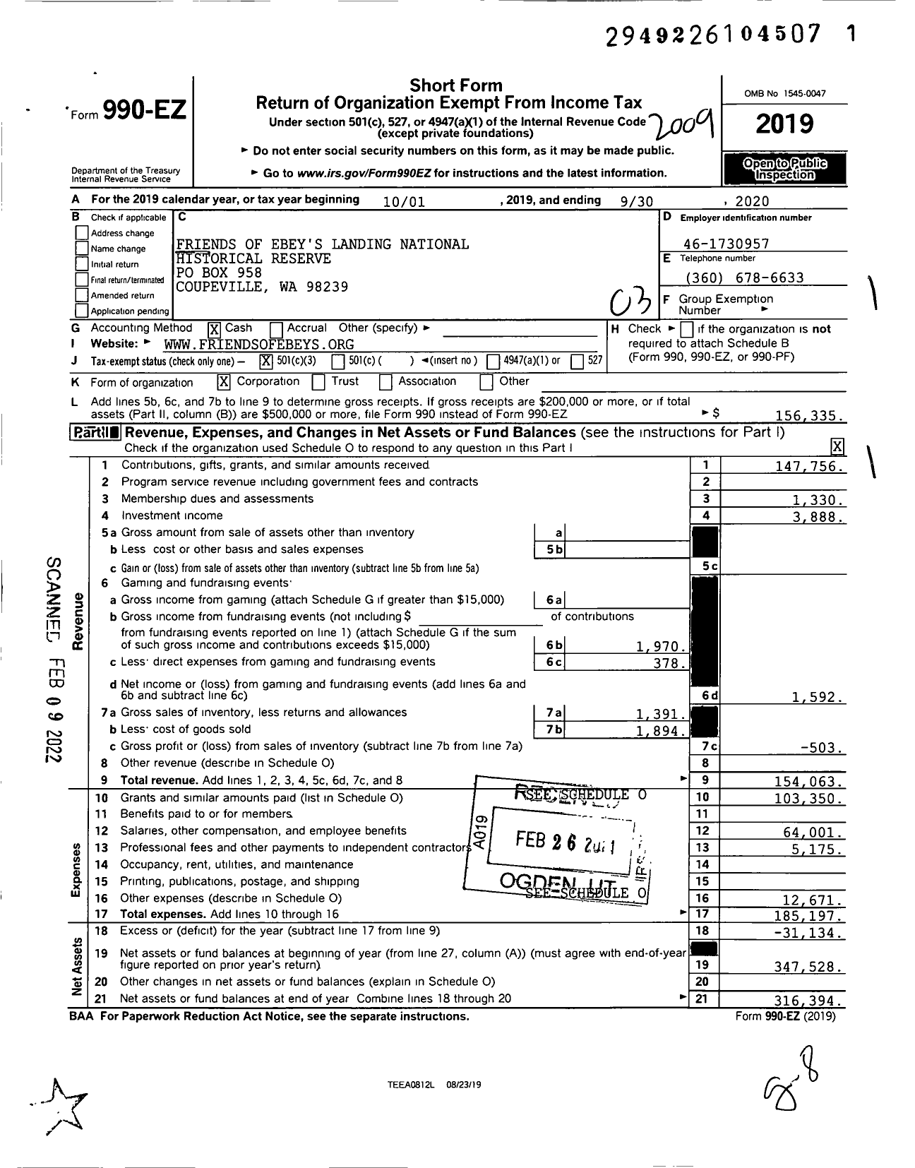 Image of first page of 2019 Form 990EZ for Friends of Ebeys Landing National Historical Reserve