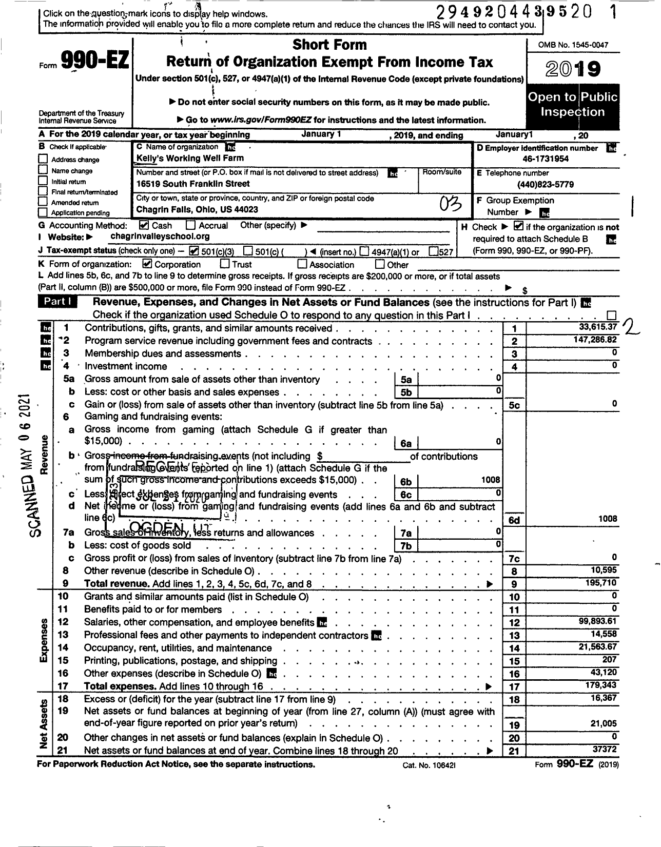 Image of first page of 2019 Form 990EZ for Kelly's Working Well Farm