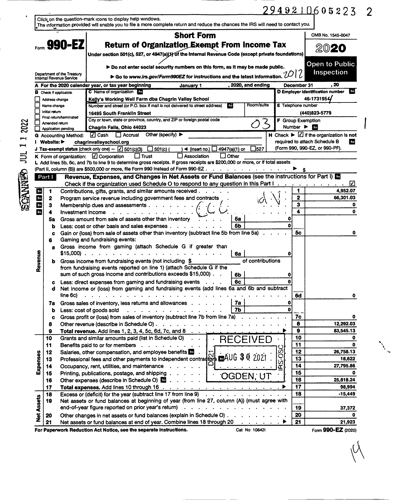 Image of first page of 2020 Form 990EZ for Kelly's Working Well Farm