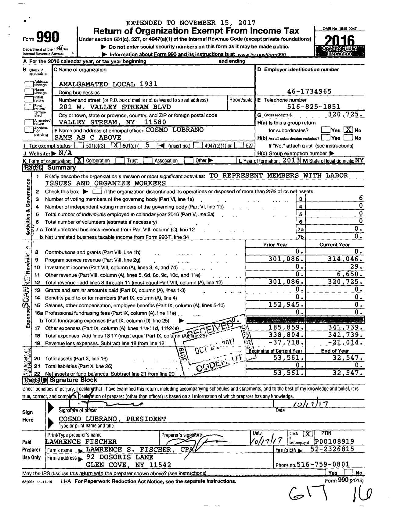 Image of first page of 2016 Form 990O for Amalgamated Local 1931