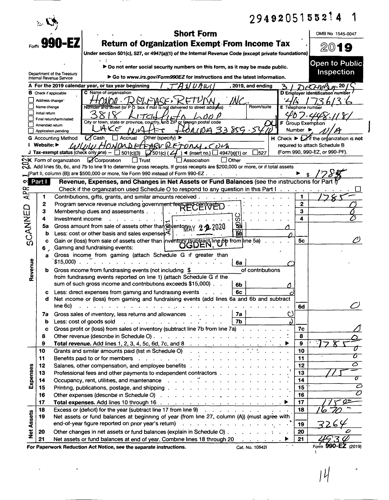 Image of first page of 2019 Form 990EO for Honor-Release-Return