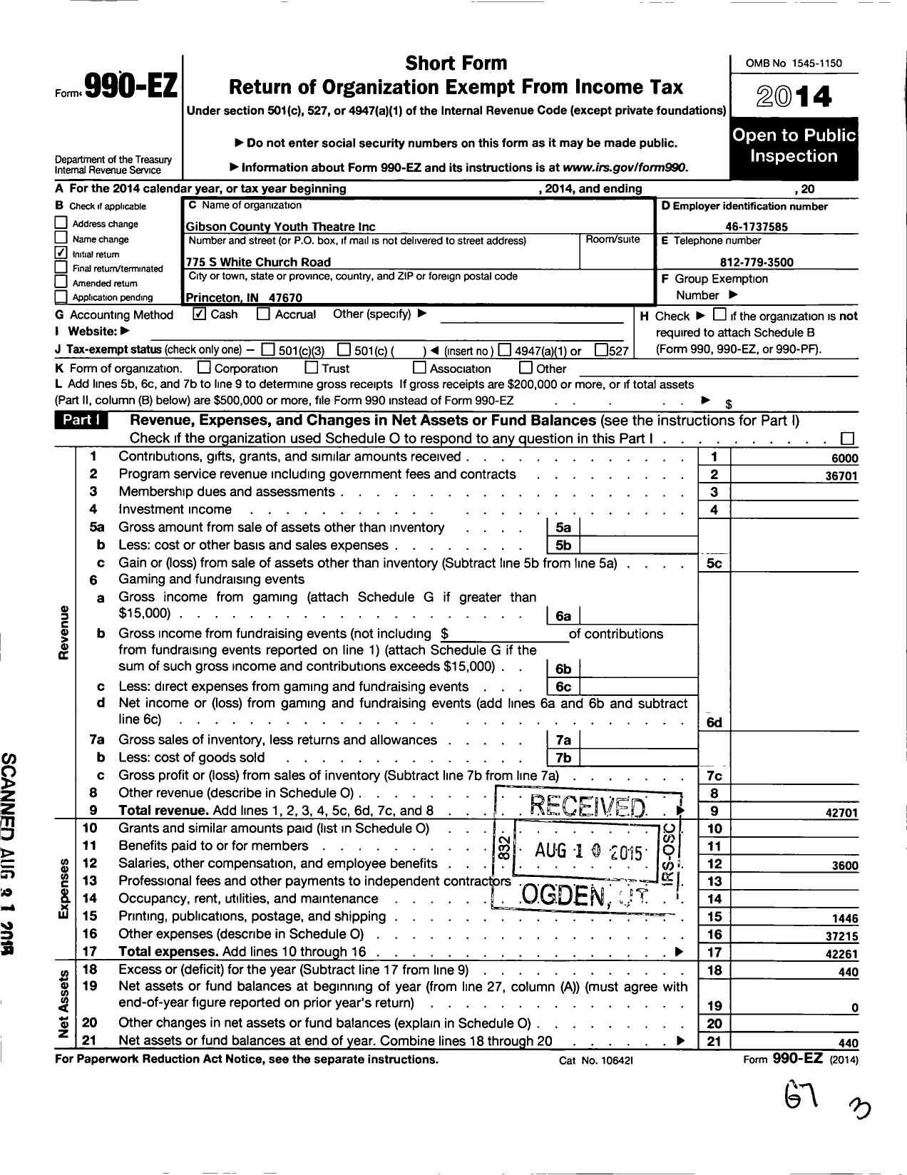 Image of first page of 2014 Form 990EO for Gibson County Youth Theatre