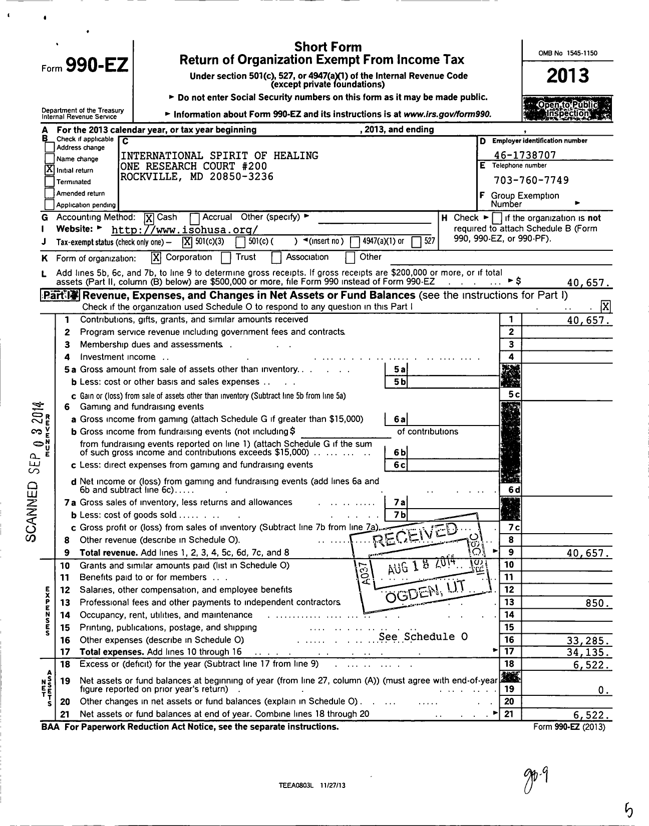 Image of first page of 2013 Form 990EZ for International Spirit of Healing