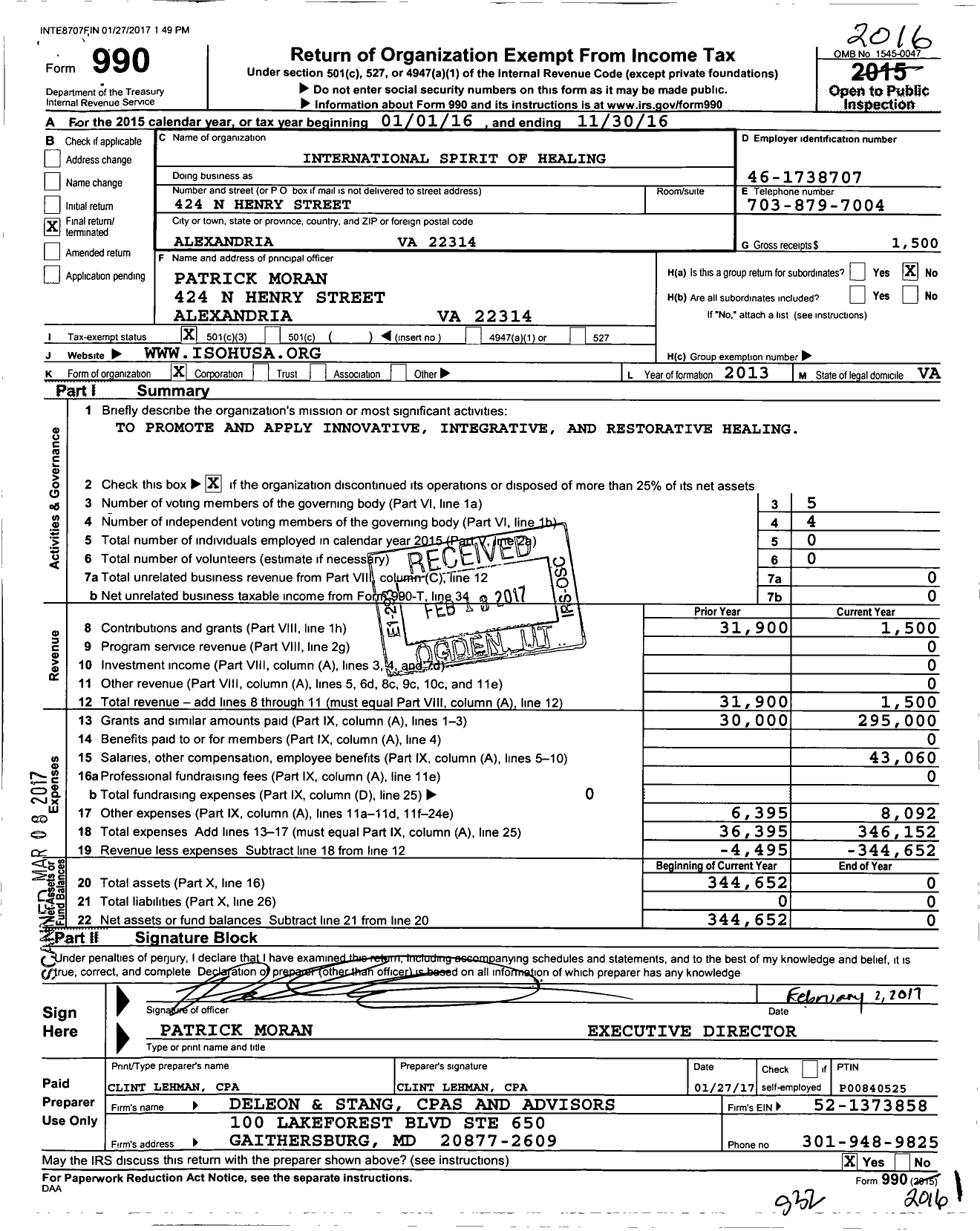 Image of first page of 2015 Form 990 for International Spirit of Healing