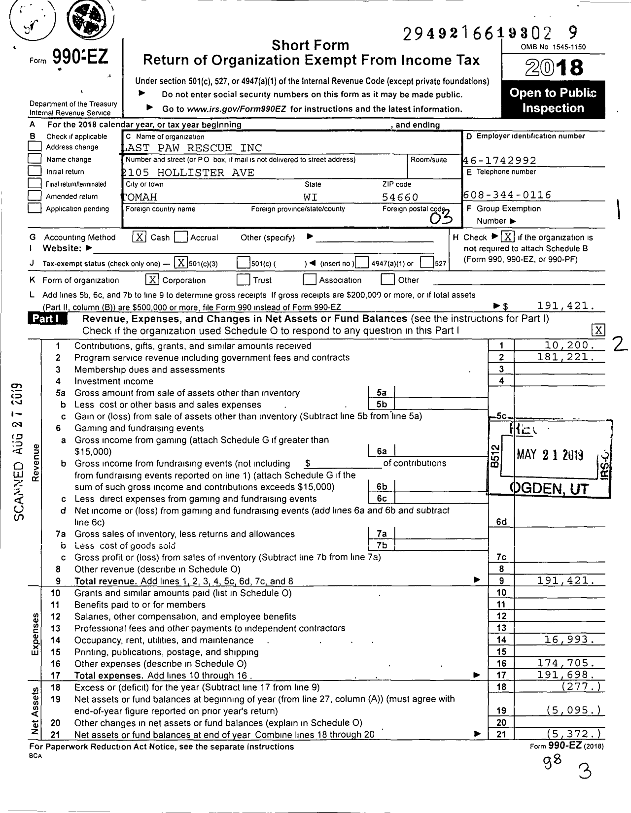 Image of first page of 2018 Form 990EZ for Last Paw Rescue