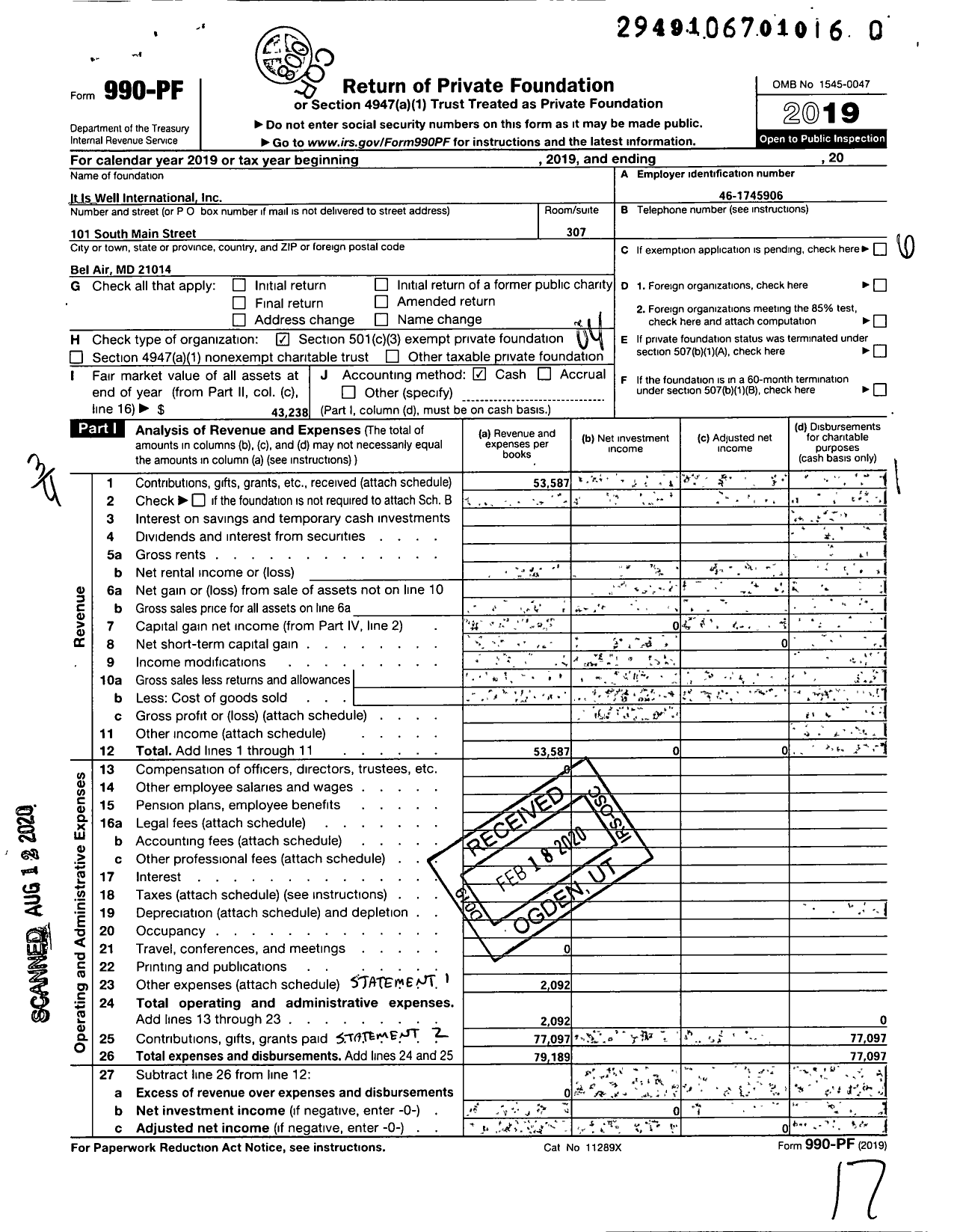 Image of first page of 2019 Form 990PR for It Is Well International