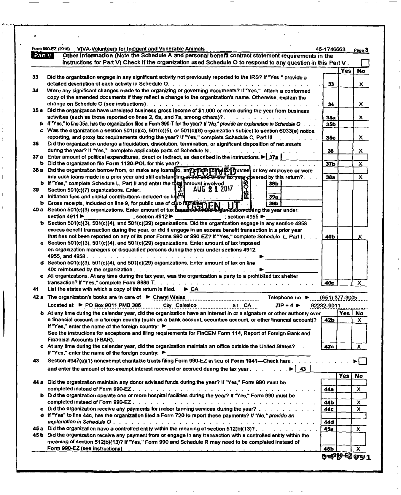 Image of first page of 2016 Form 990ER for Viva -volunteers for Indigent and Vulnerable Animals