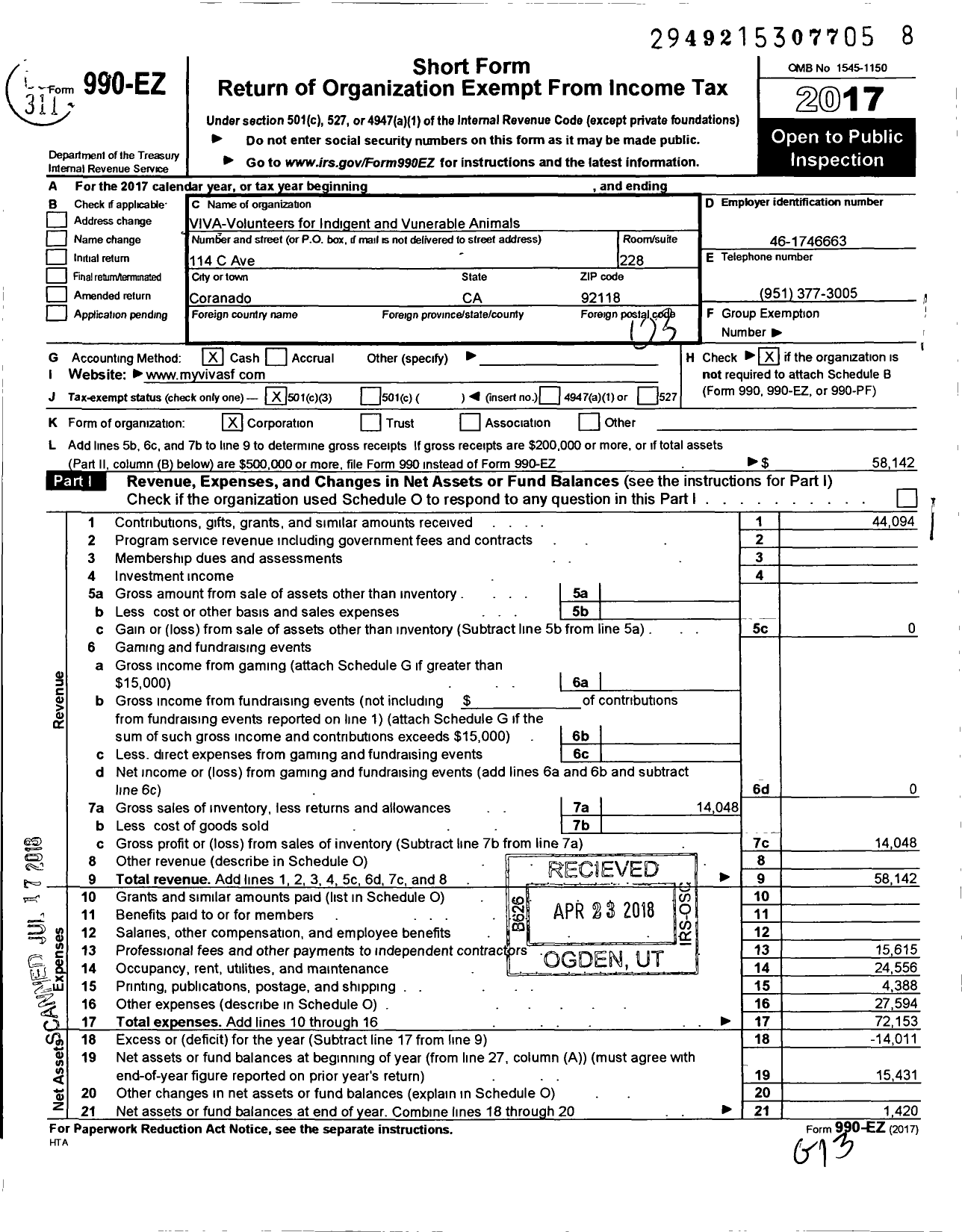 Image of first page of 2017 Form 990EZ for Viva -volunteers for Indigent and Vulnerable Animals