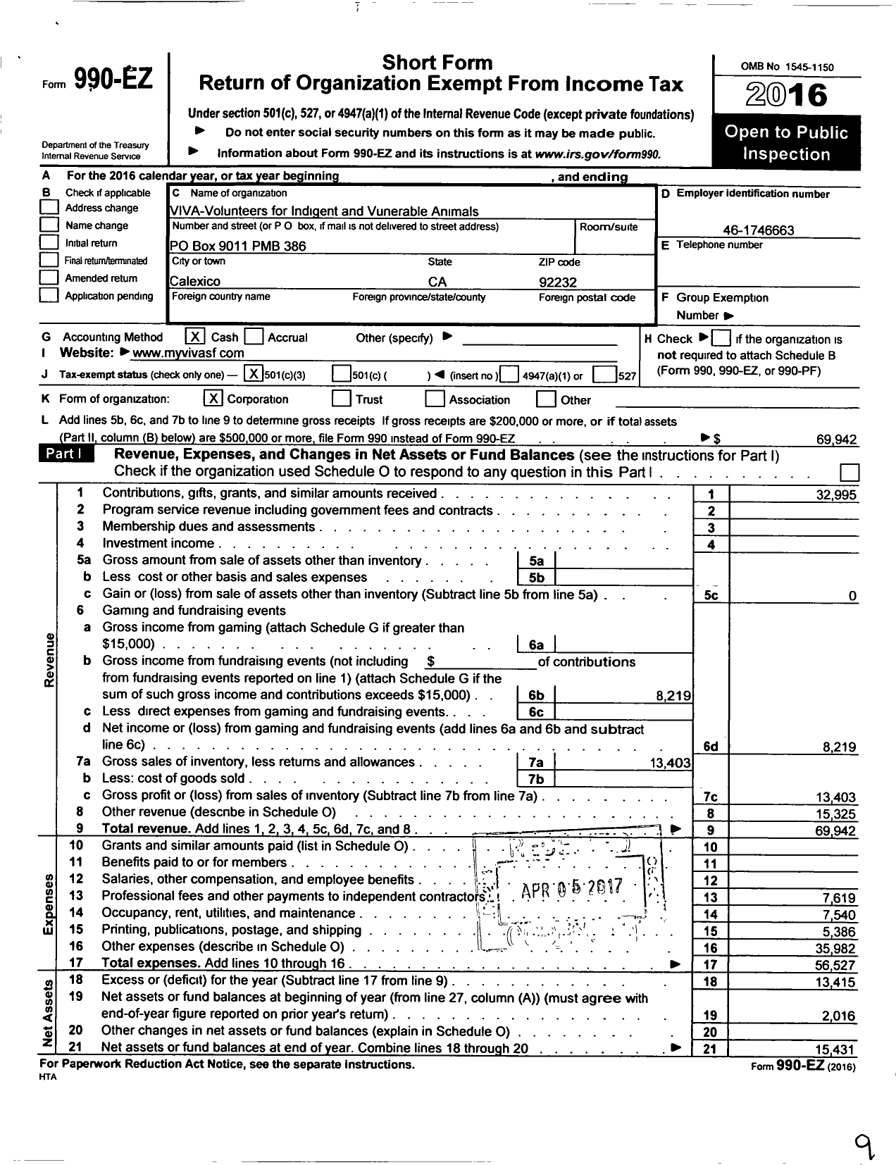 Image of first page of 2016 Form 990EZ for Viva -volunteers for Indigent and Vulnerable Animals