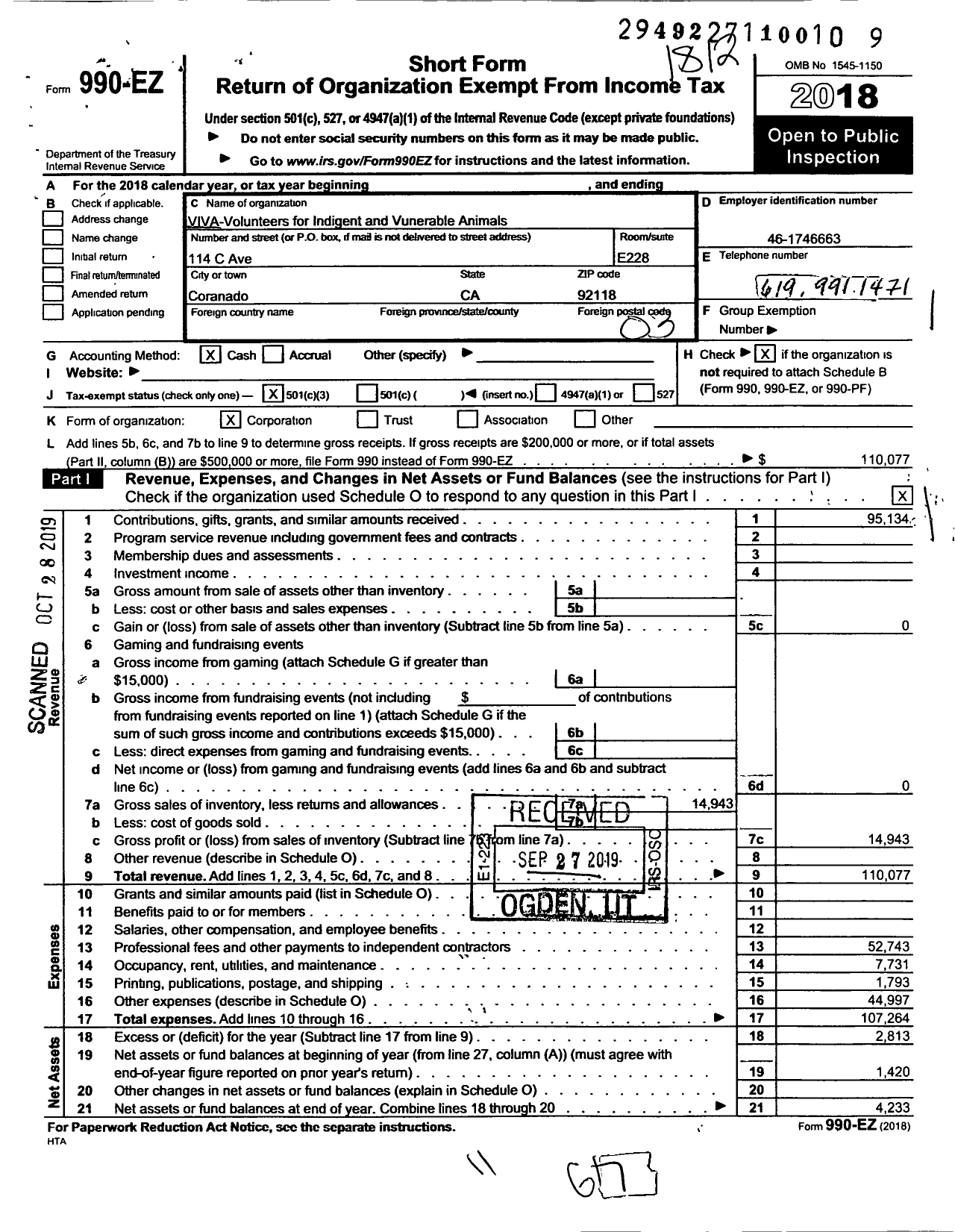 Image of first page of 2018 Form 990EZ for Viva -volunteers for Indigent and Vulnerable Animals