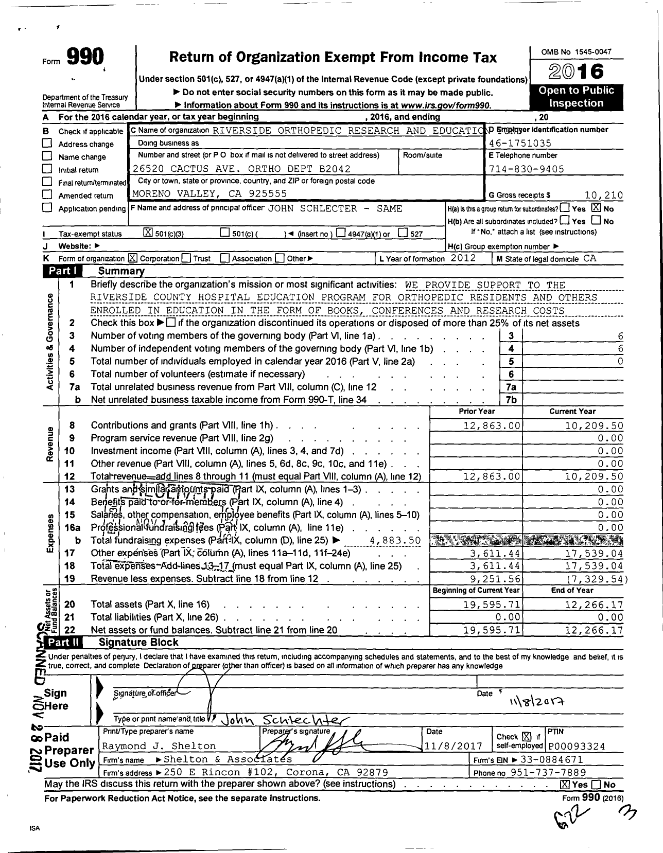 Image of first page of 2016 Form 990 for Riverside Orthopedic Research and