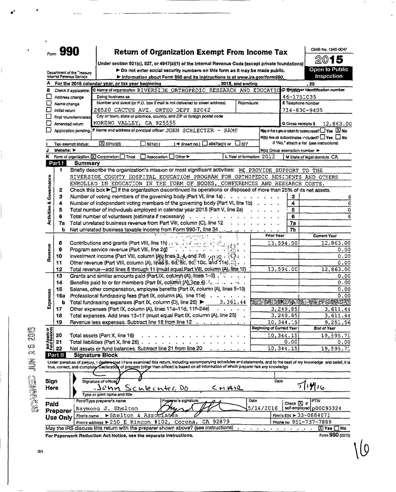 Image of first page of 2015 Form 990 for Riverside Orthopedic Research and