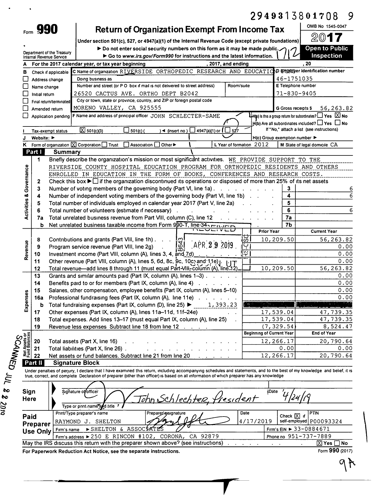 Image of first page of 2017 Form 990 for Riverside Orthopedic Research and