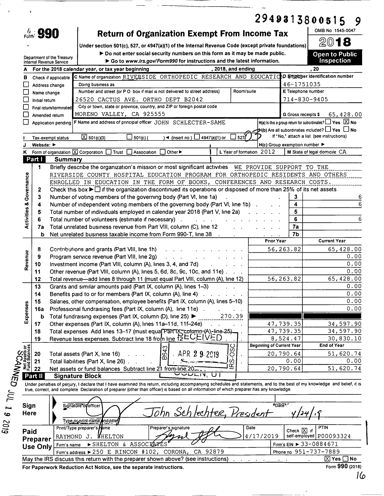 Image of first page of 2018 Form 990 for Riverside Orthopedic Research and