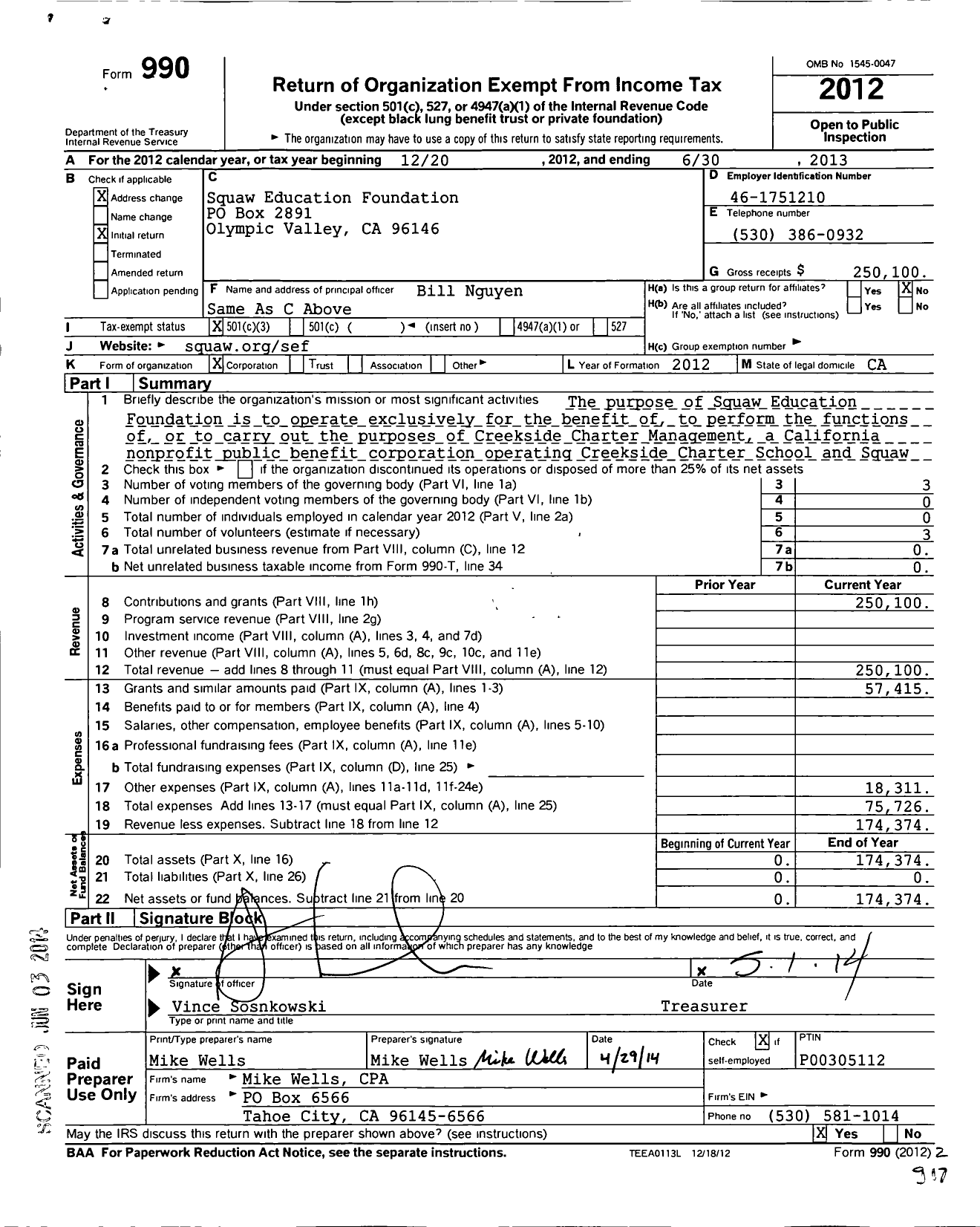 Image of first page of 2012 Form 990 for Squaw Education Foundation