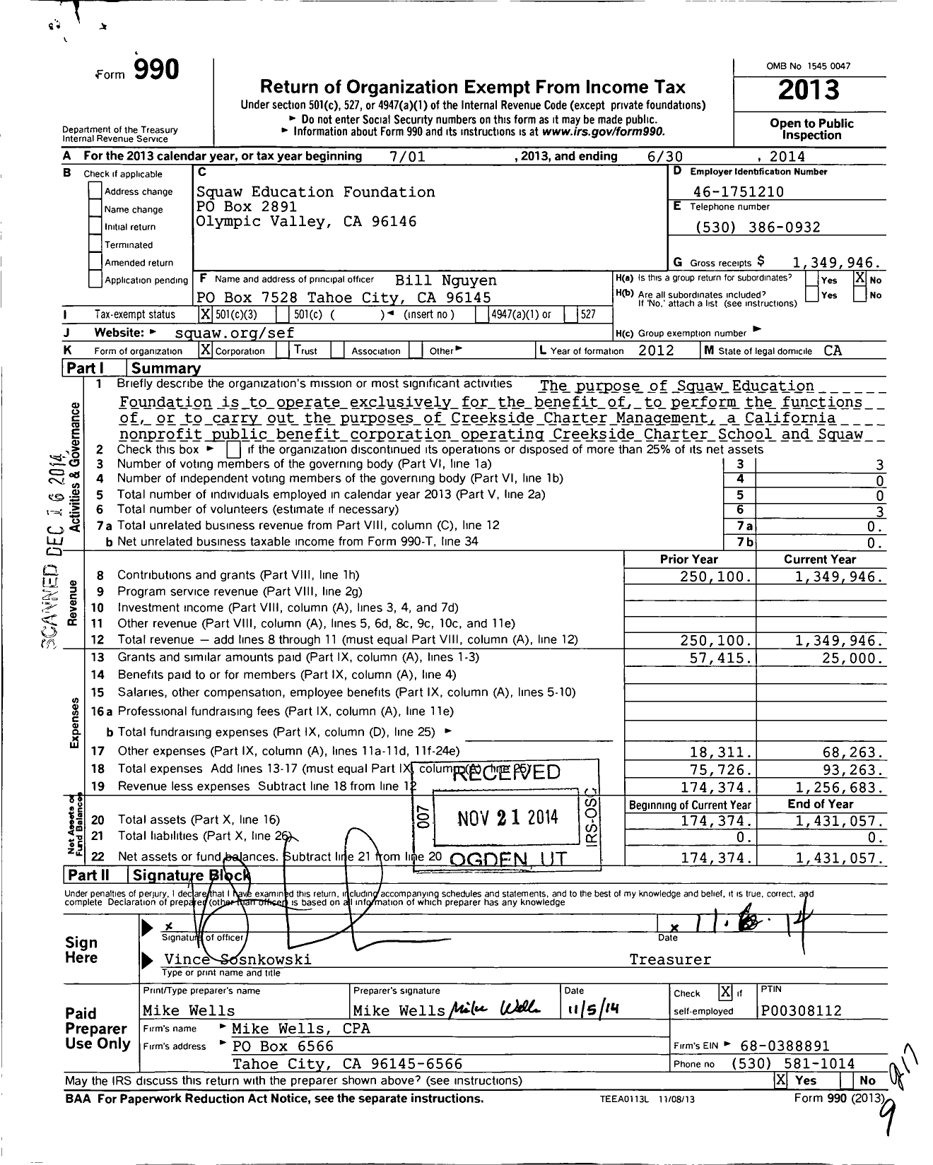 Image of first page of 2013 Form 990 for Squaw Education Foundation