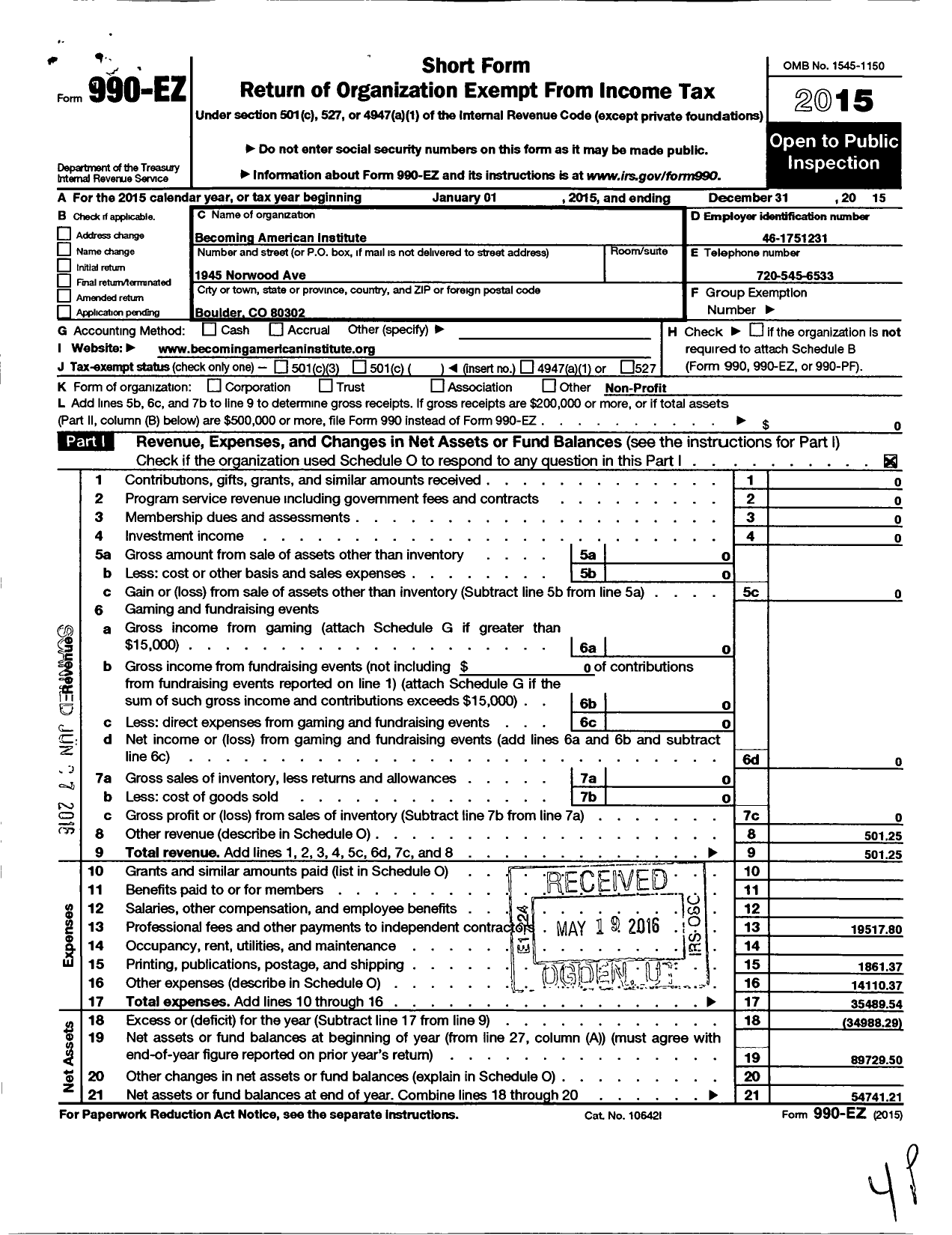 Image of first page of 2015 Form 990EO for Becoming American Institute