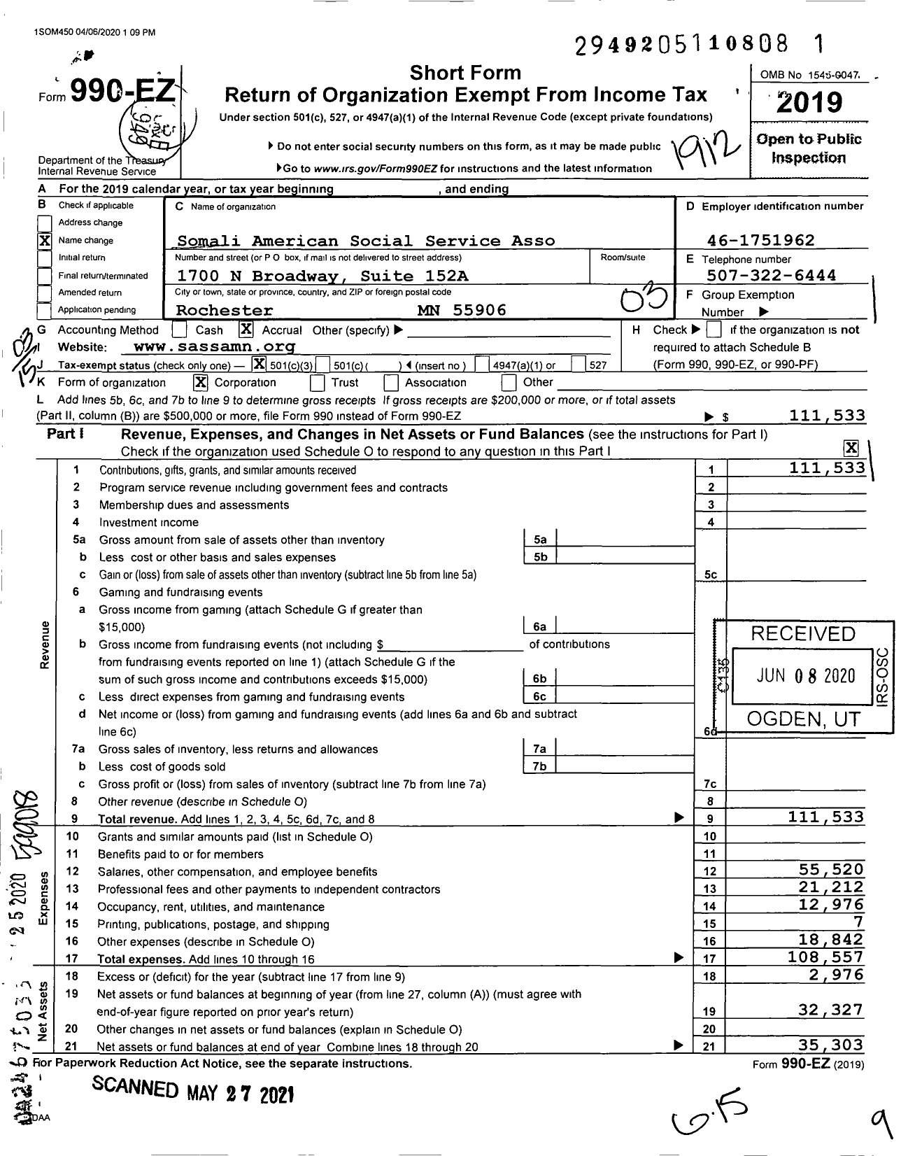 Image of first page of 2019 Form 990EZ for Somalia American Social Service Association