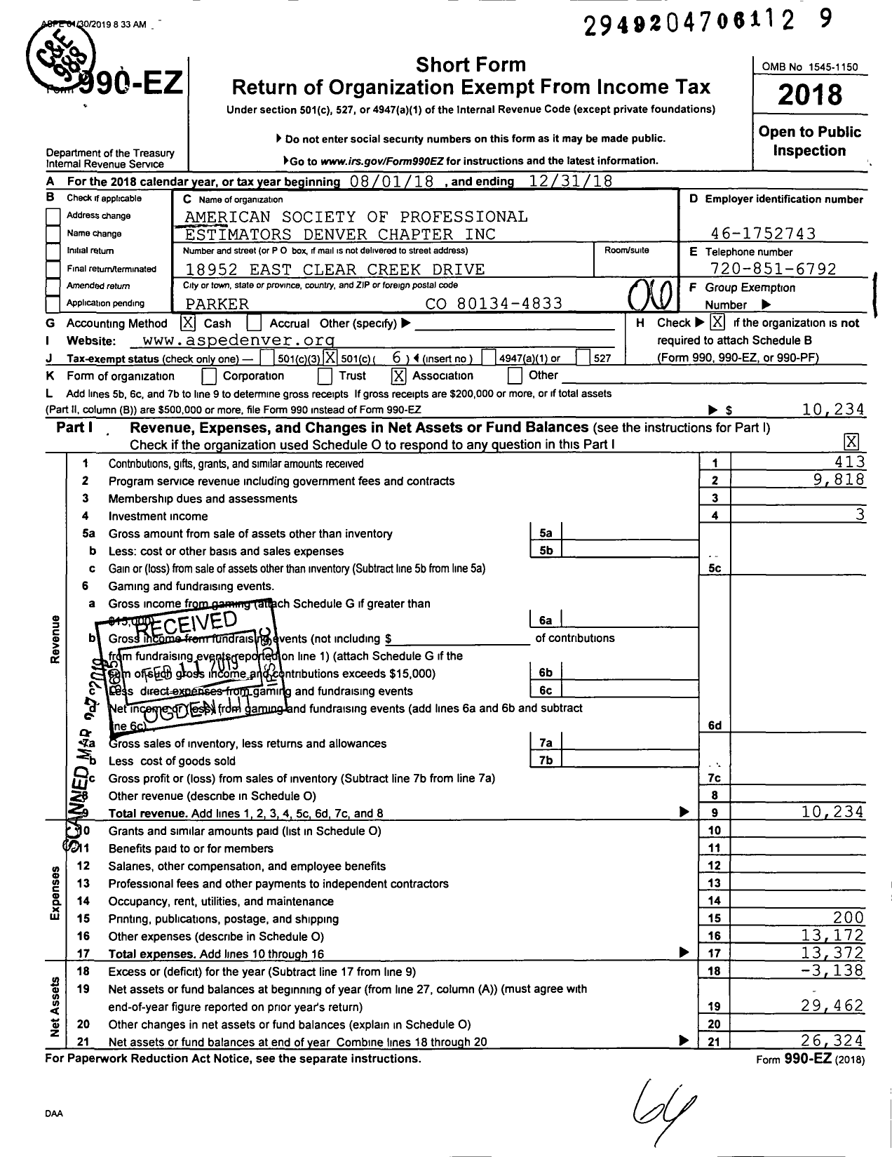 Image of first page of 2018 Form 990EO for American Society of Professional Estimators Denver Chapter