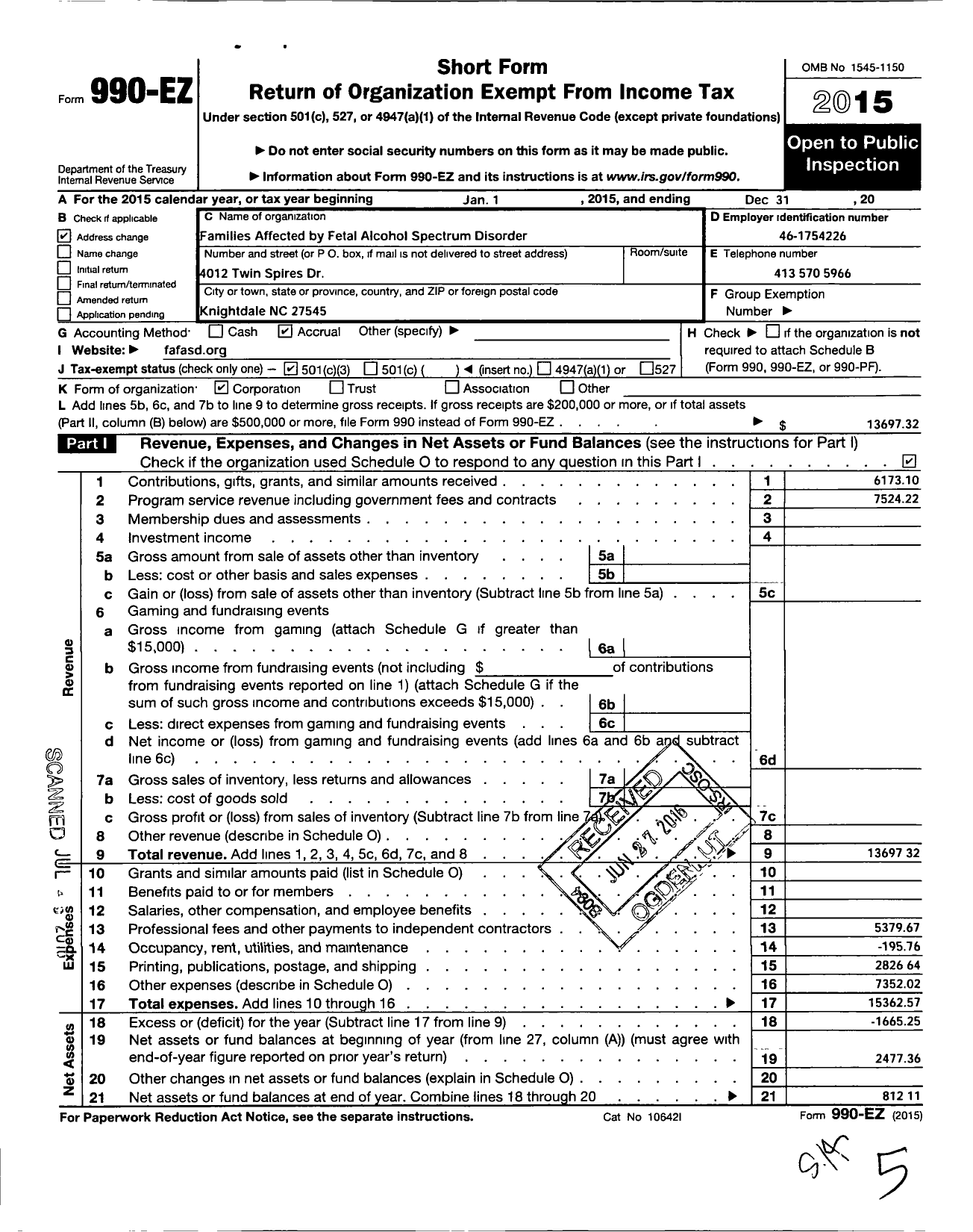 Image of first page of 2015 Form 990EZ for Families Affected By Fetal Alcohol Spectrum Disorder