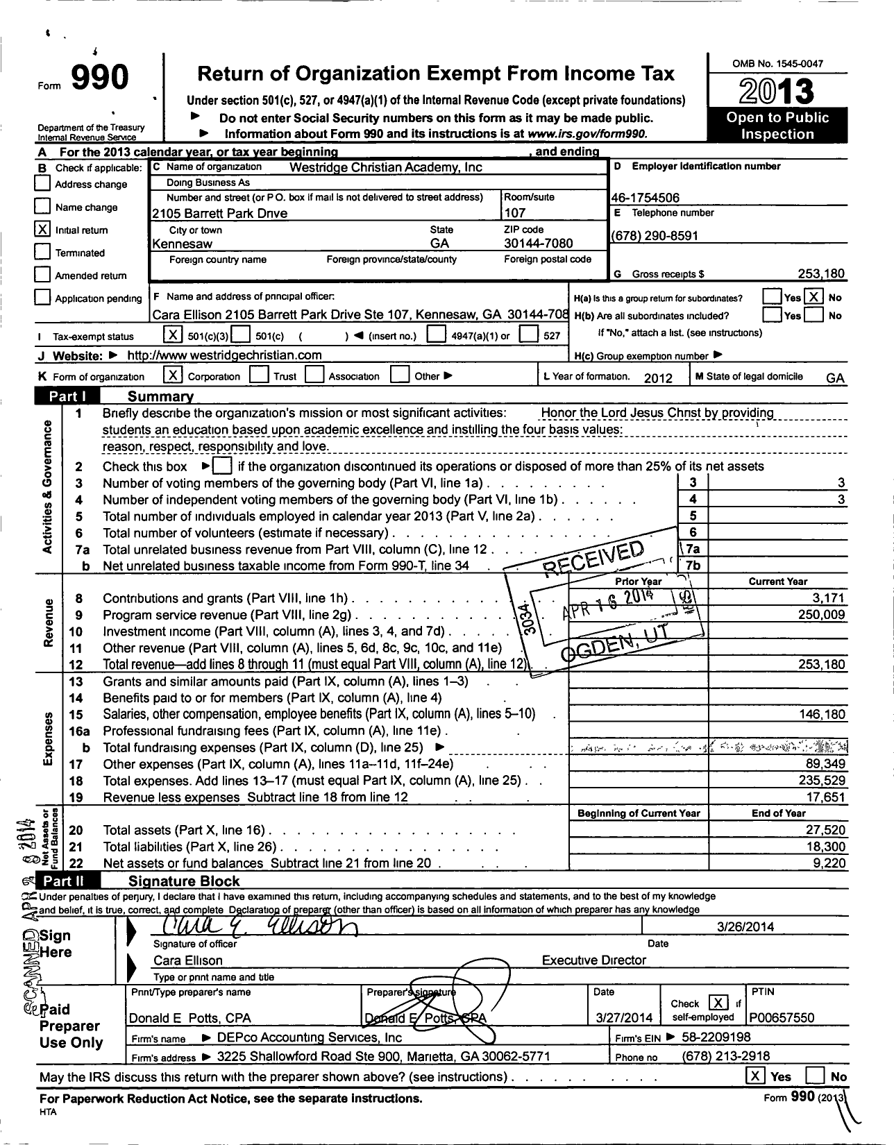 Image of first page of 2013 Form 990 for Westridge Christian Academy