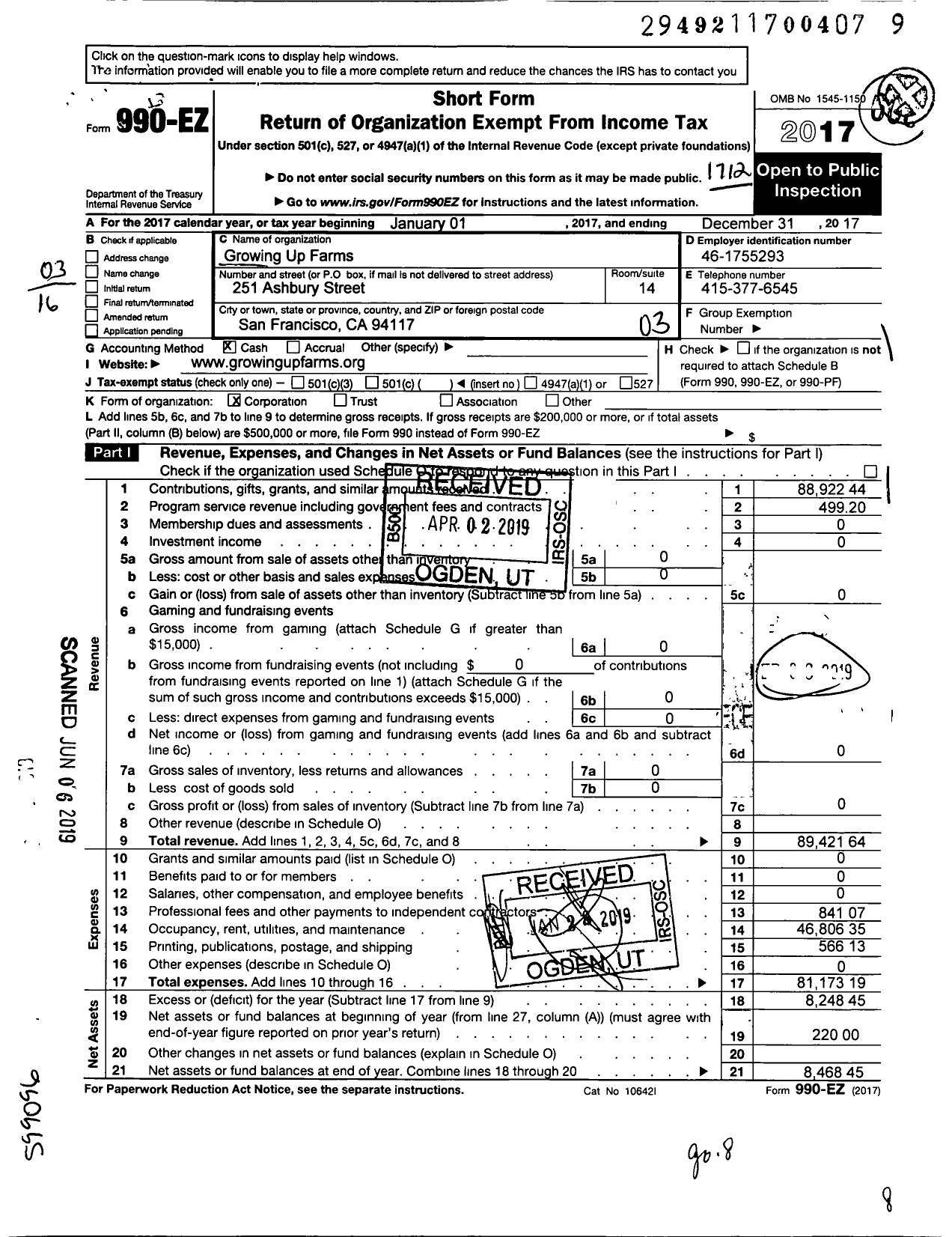 Image of first page of 2017 Form 990EZ for Growing Up Farms