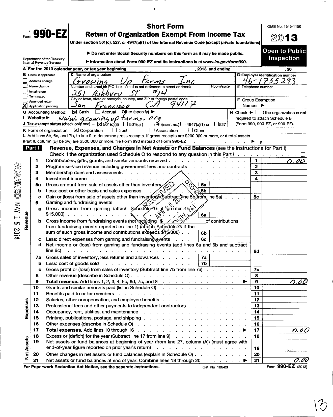 Image of first page of 2013 Form 990EZ for Growing Up Farms