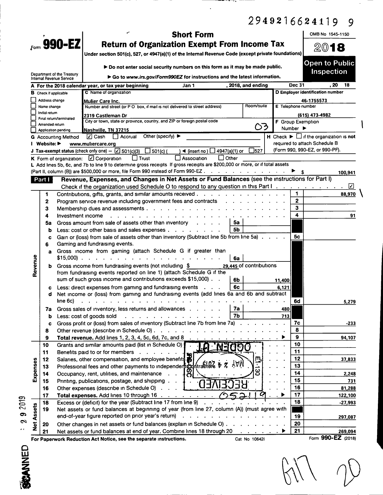 Image of first page of 2018 Form 990EZ for Mulier Care