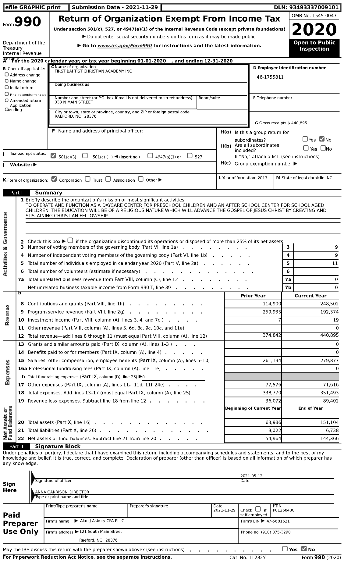 Image of first page of 2020 Form 990 for First Baptist Christian Academy