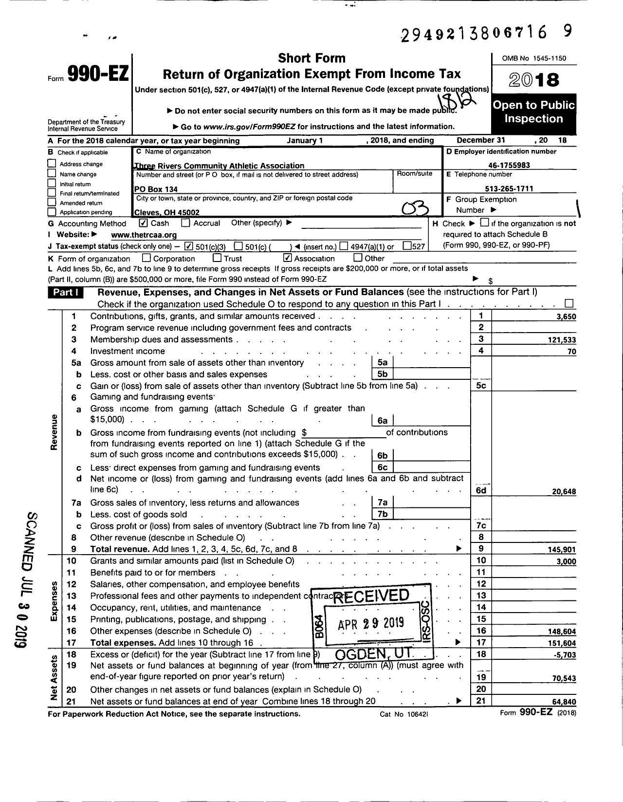 Image of first page of 2018 Form 990EZ for Three Rivers Community Athletic Association (TRCAA)