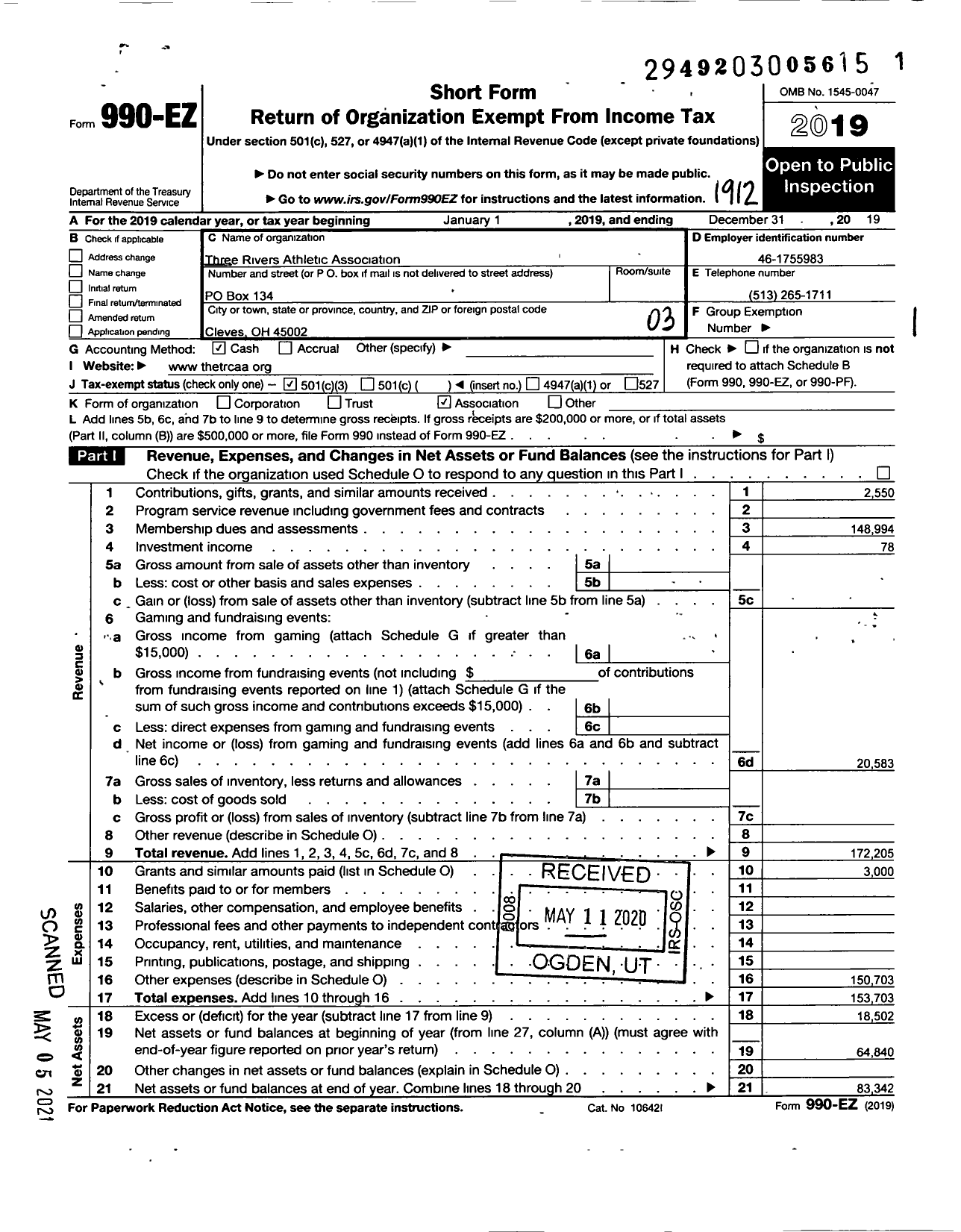 Image of first page of 2019 Form 990EZ for Three Rivers Community Athletic Association (TRCAA)