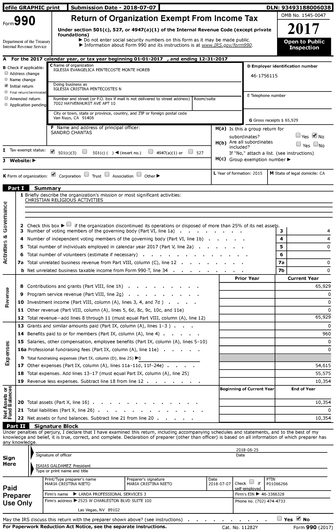 Image of first page of 2017 Form 990 for Iglesia Cristina Pentecostes N