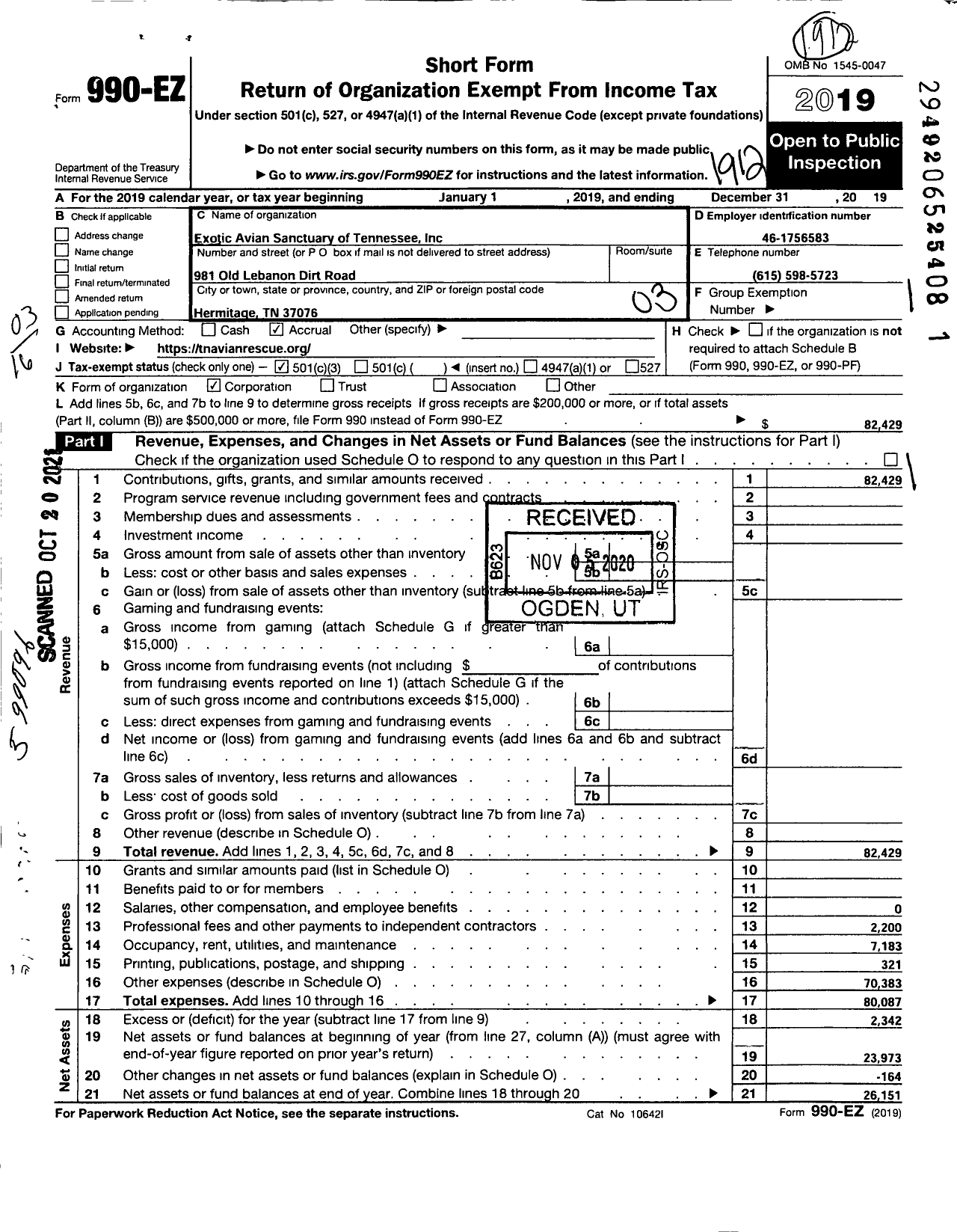 Image of first page of 2019 Form 990EZ for Exotic Avian Sanctuary of Tennessee