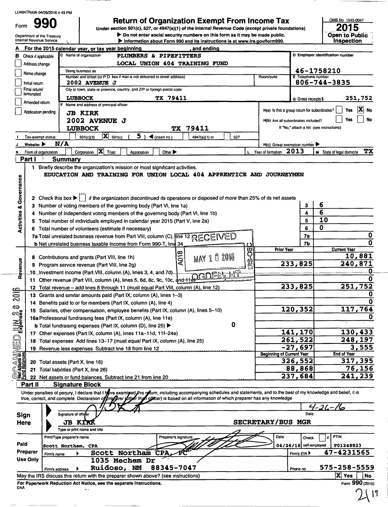 Image of first page of 2015 Form 990O for Plumbers and Pipefitters Local Union 404 Training Fund