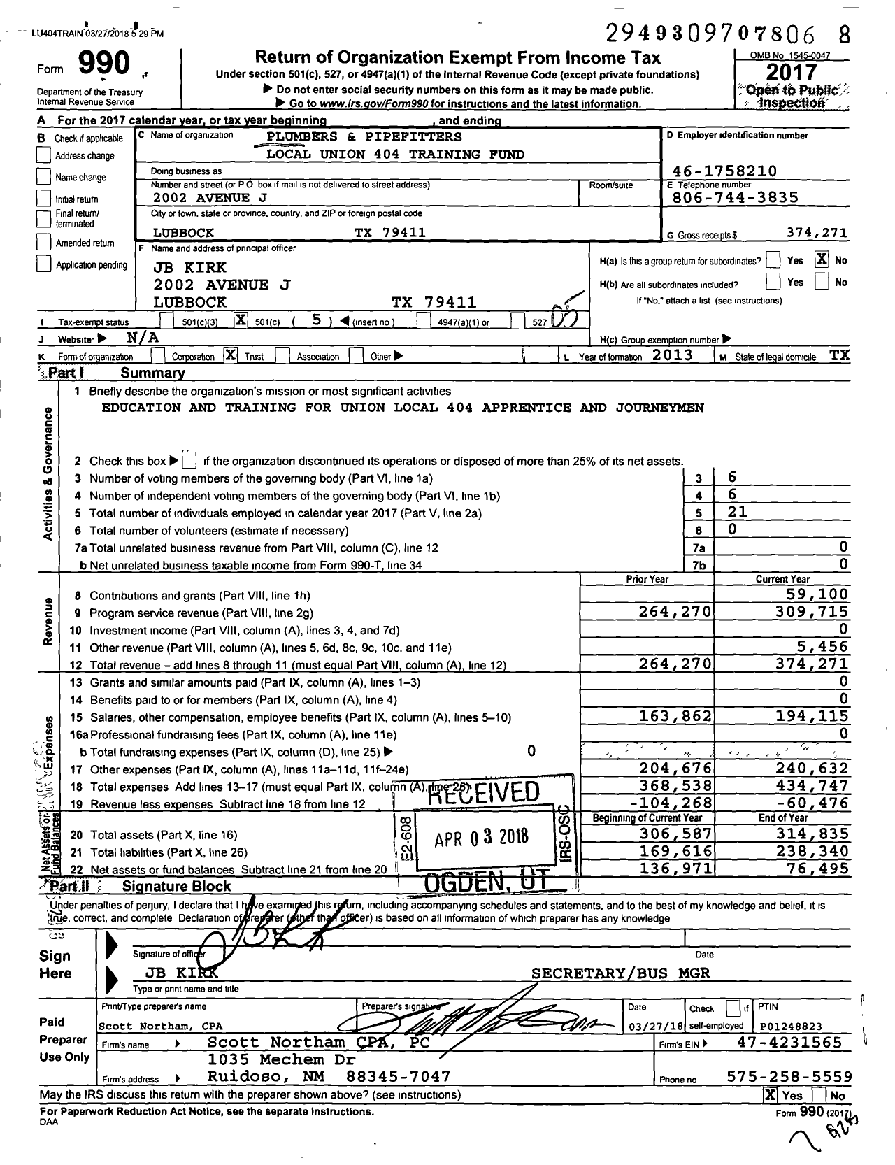 Image of first page of 2017 Form 990O for Plumbers and Pipefitters Local Union 404 Training Fund