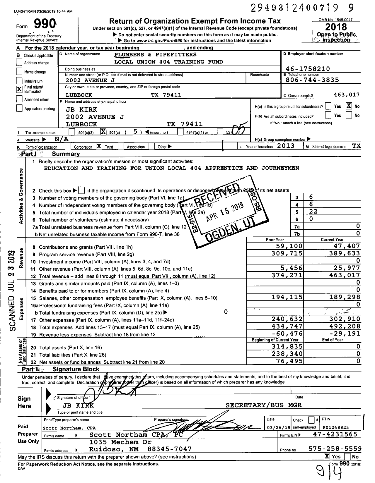 Image of first page of 2018 Form 990O for Plumbers and Pipefitters Local Union 404 Training Fund