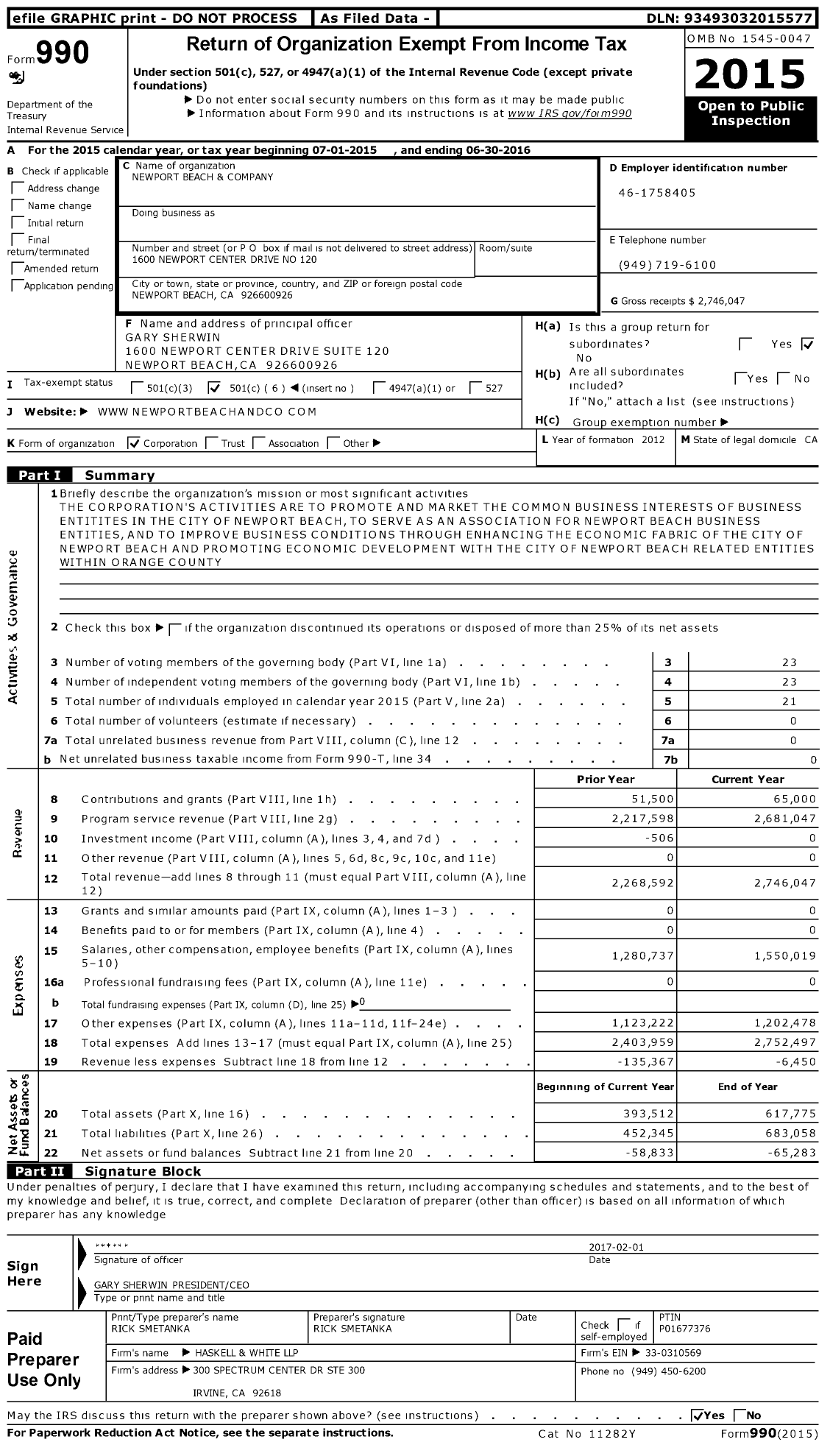 Image of first page of 2015 Form 990O for Newport Beach & Company