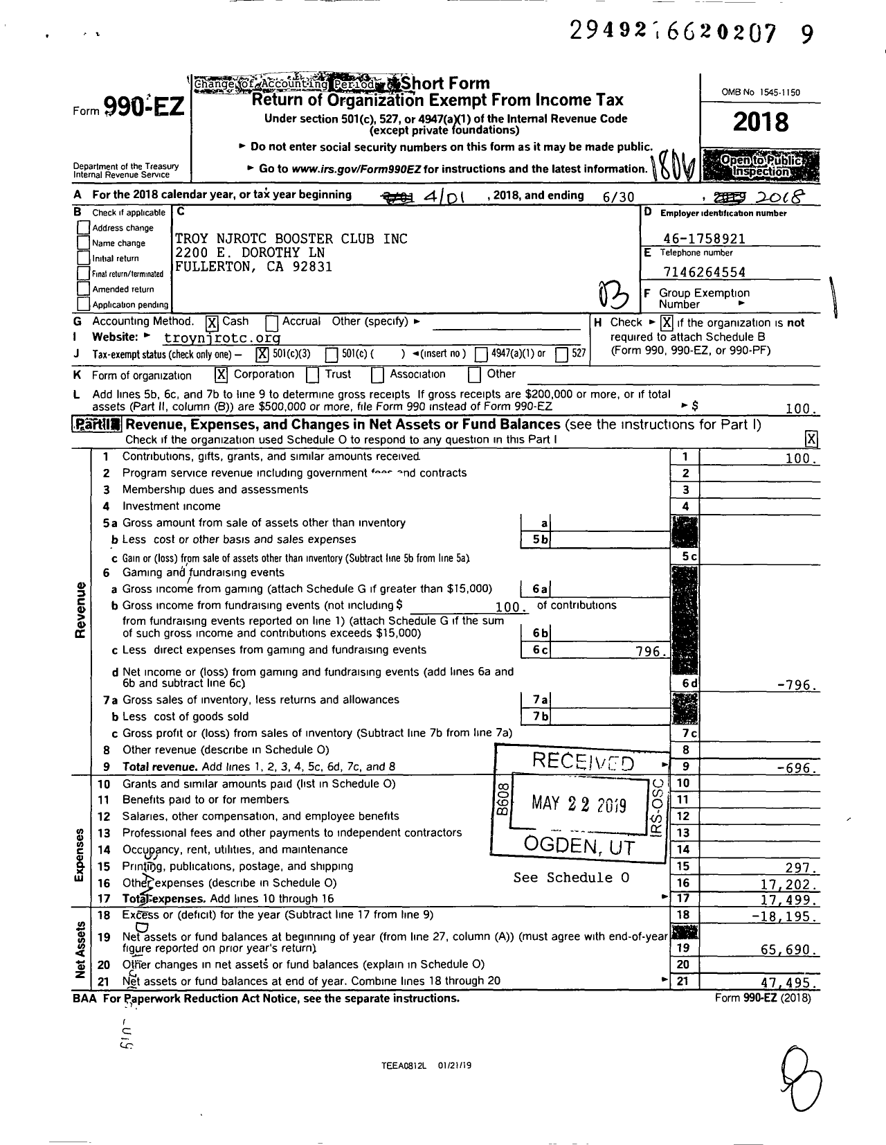 Image of first page of 2017 Form 990EZ for Troy Njrotc Booster Club