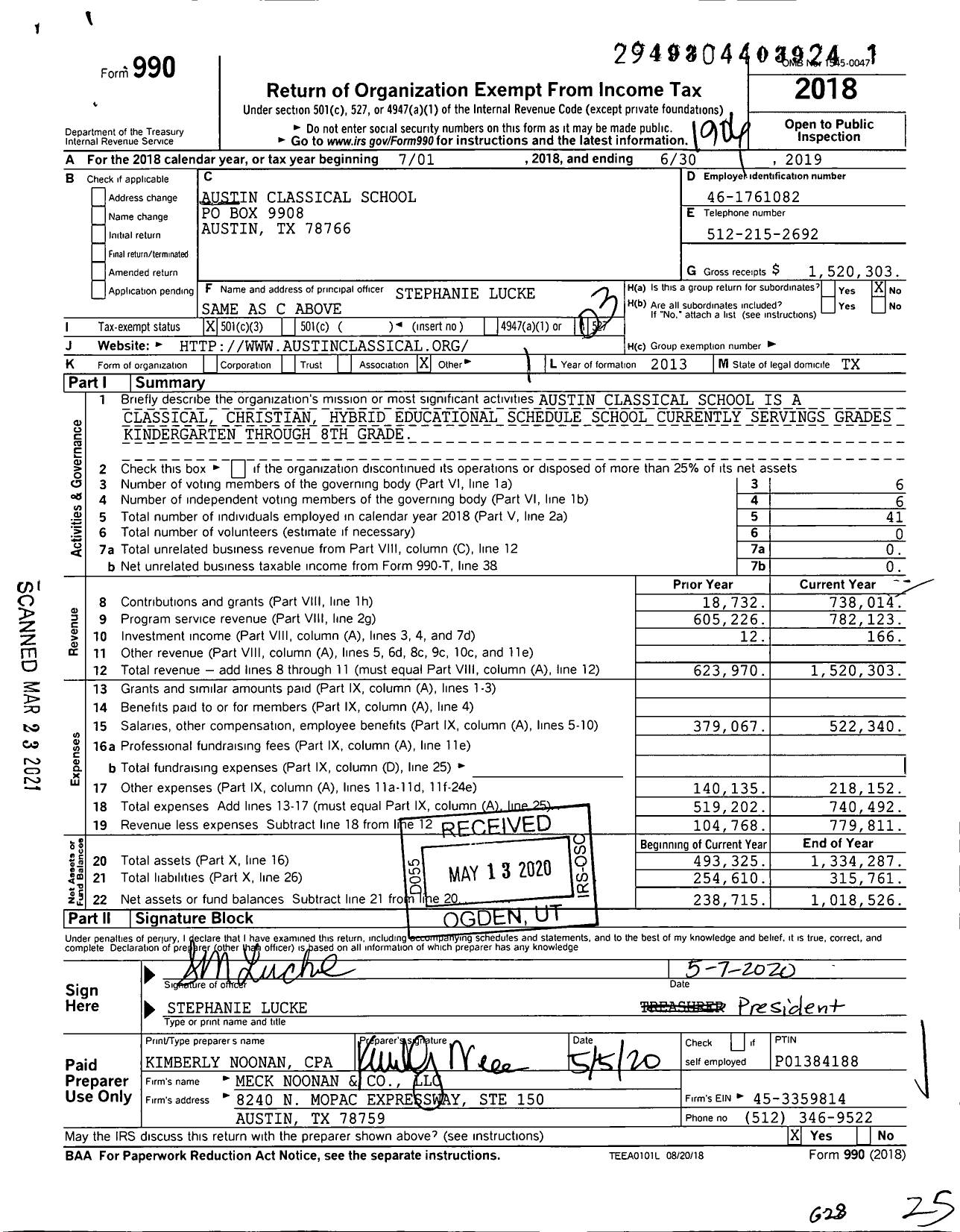 Image of first page of 2018 Form 990 for Austin Classical School