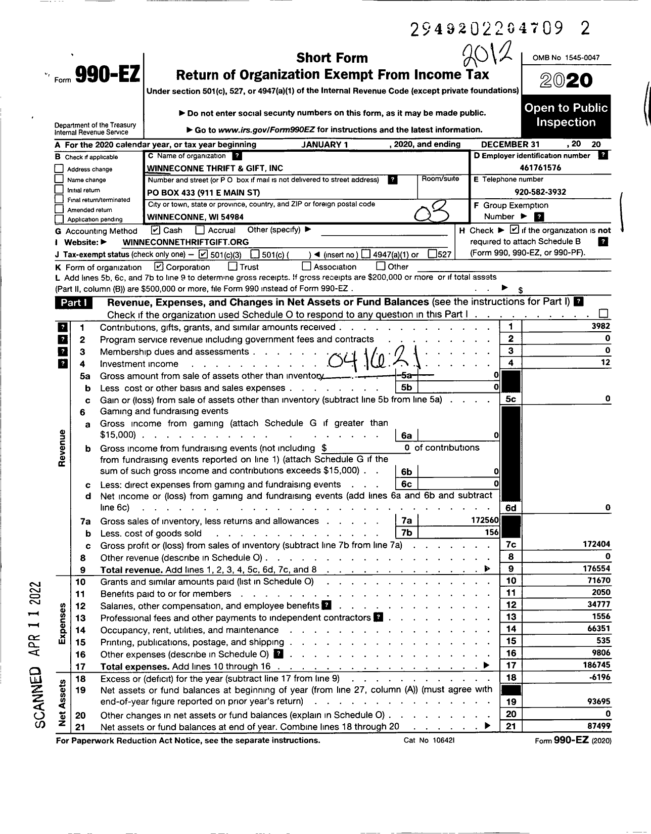 Image of first page of 2020 Form 990EZ for Winneconnie Thrift and Gift