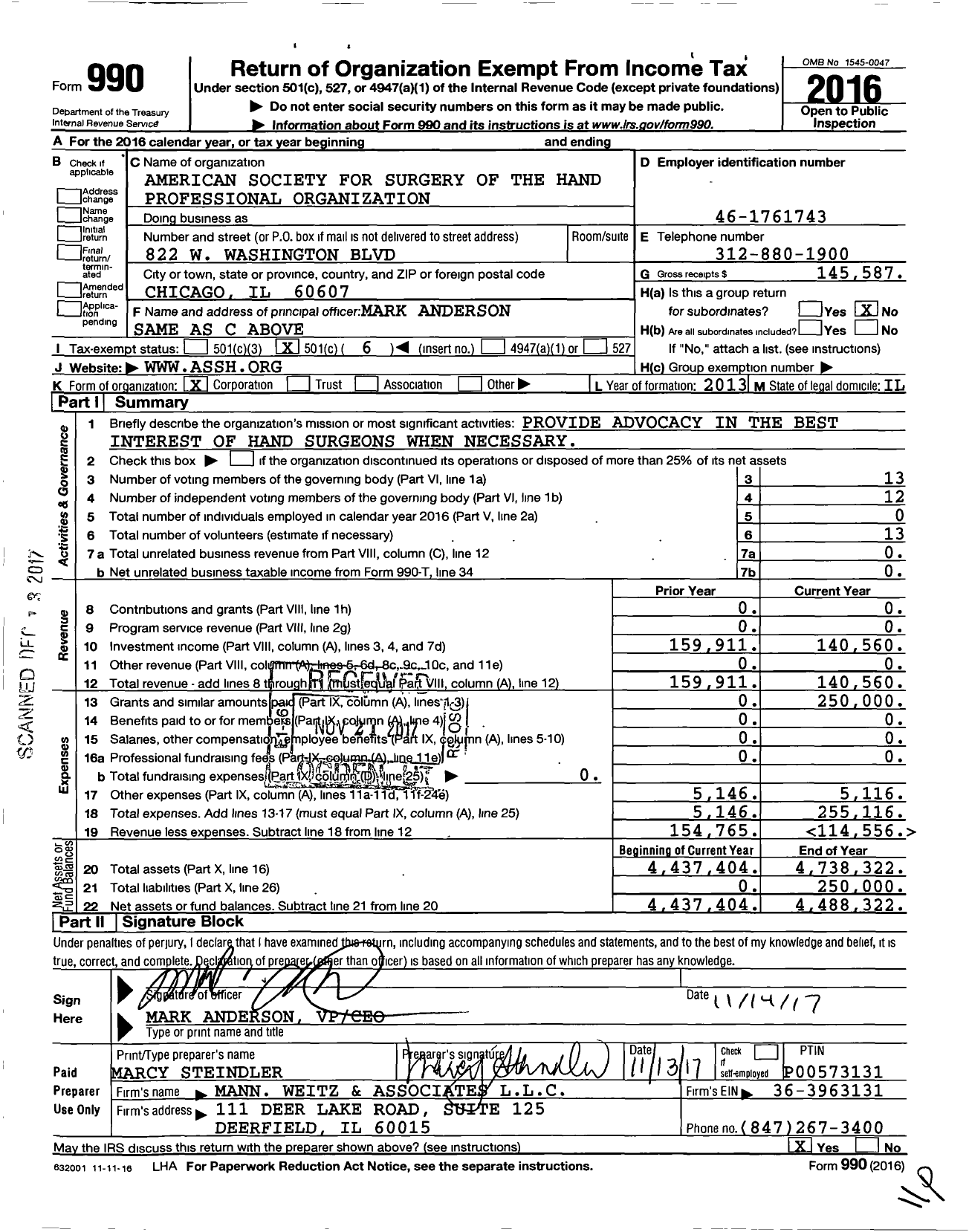 Image of first page of 2016 Form 990O for American Society for Surgery of the Hand (ASSH)