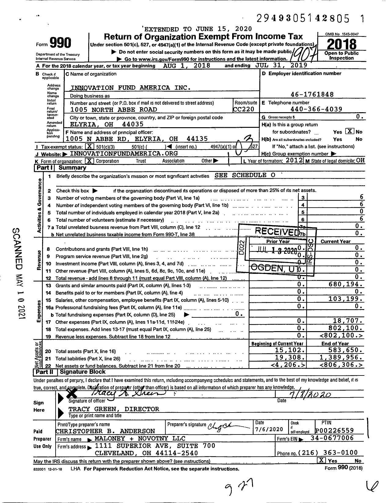 Image of first page of 2018 Form 990 for Innovation Fund America